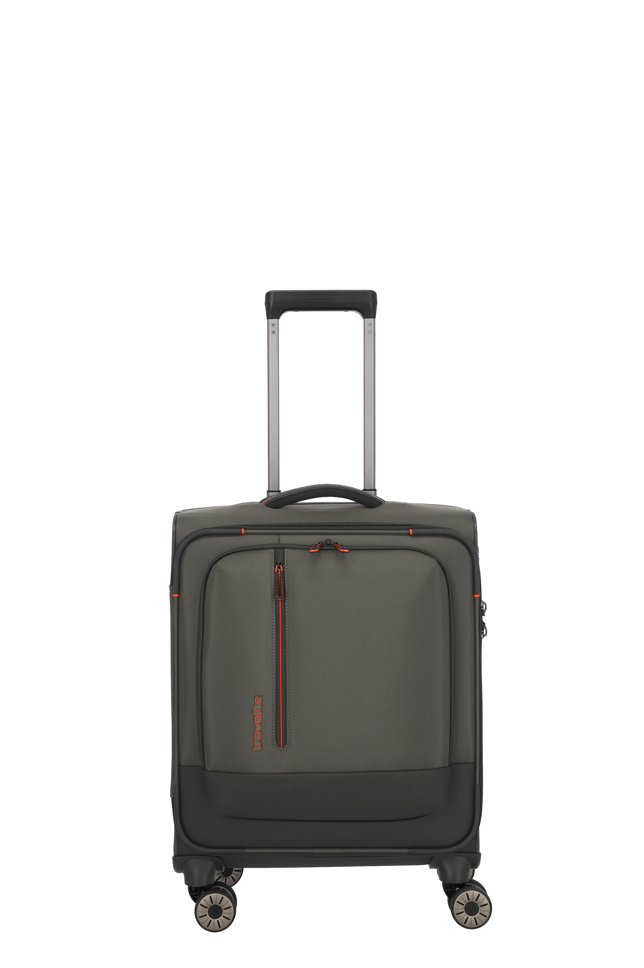 Grauer Weichschalen-Trolley mit vier Rollen und ausziehbarem Teleskopgriff Moderner grauer Koffer mit vier Rollen, Fronttasche und ausziehbarem Griff, perfekt als Handgepäck