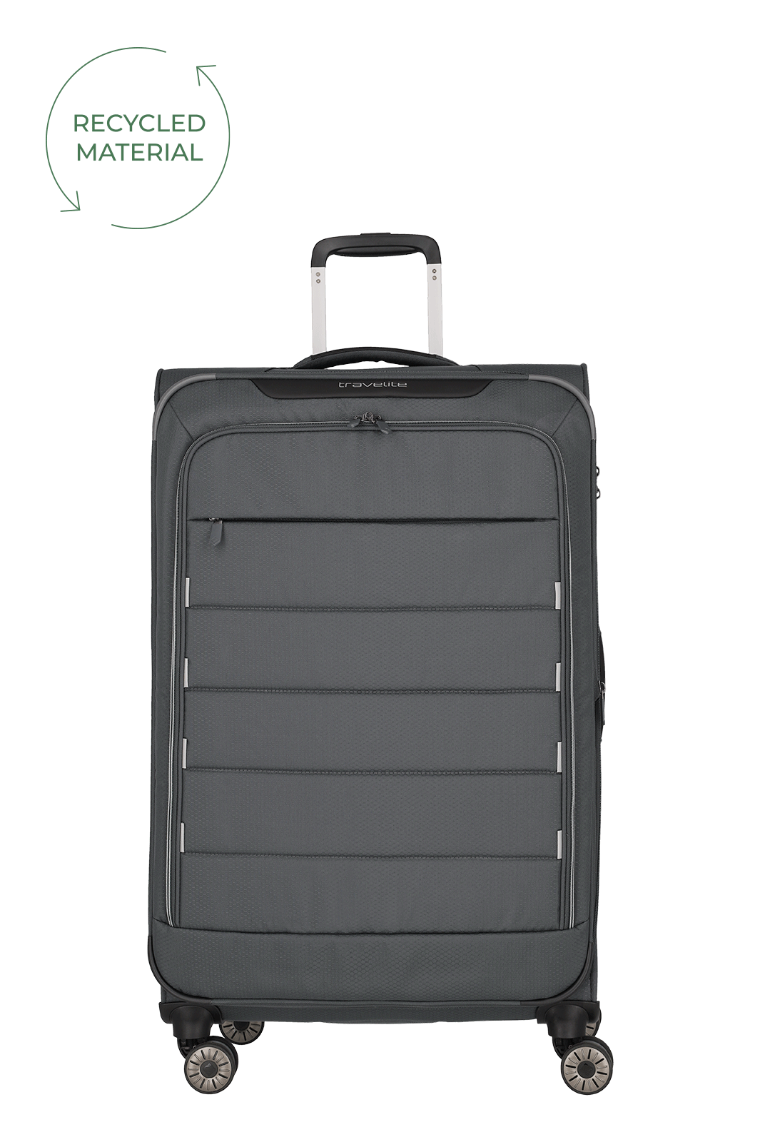 Geräumiger Koffer aus recyceltem Material mit Rollen in Grau