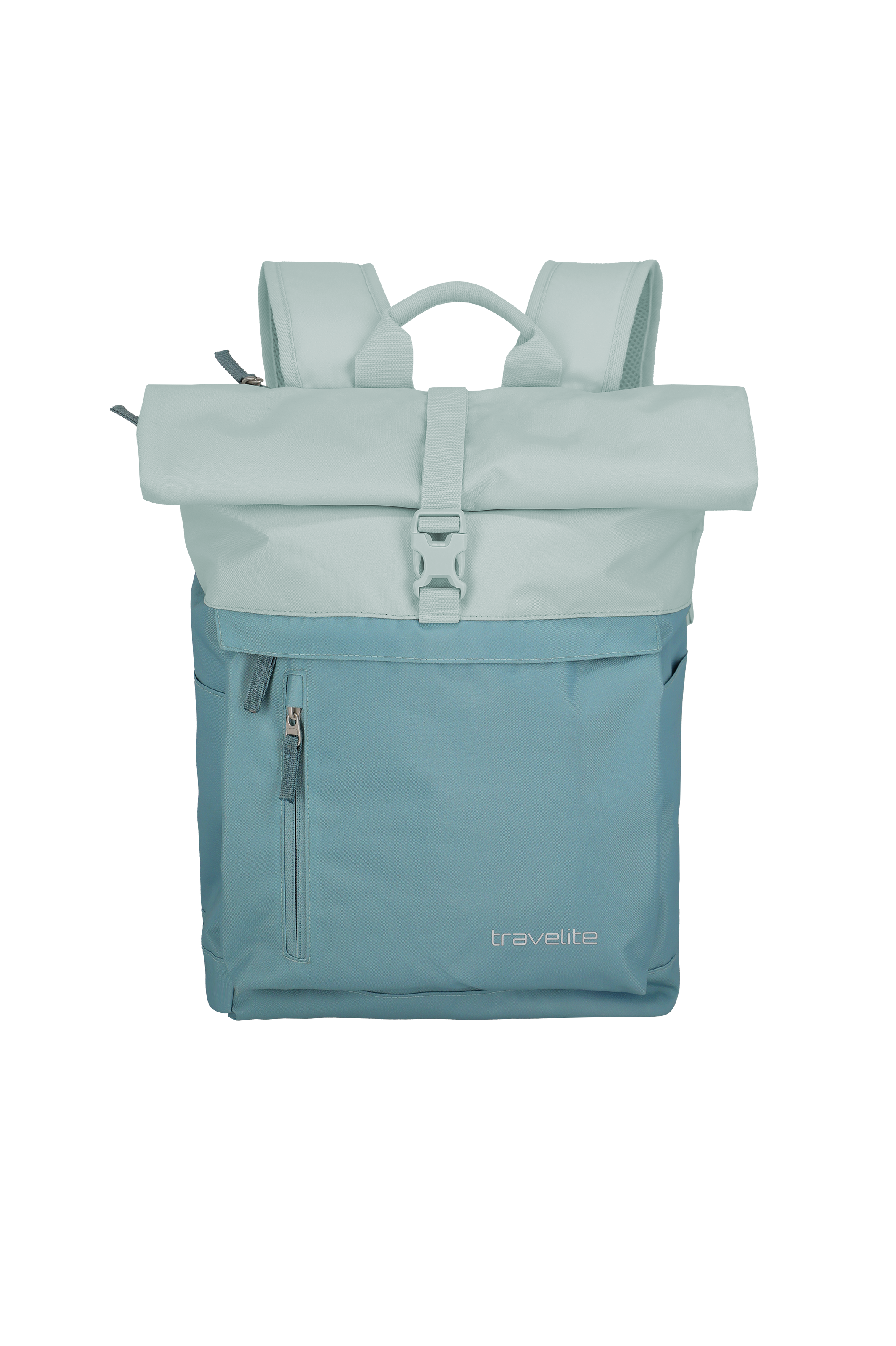 A light blue Travelite backpack stands upright against a black background. The upper section is folded over and secured with a white clip fastener. The shoulder straps are attached at the top. There is a zip compartment on the lower half.