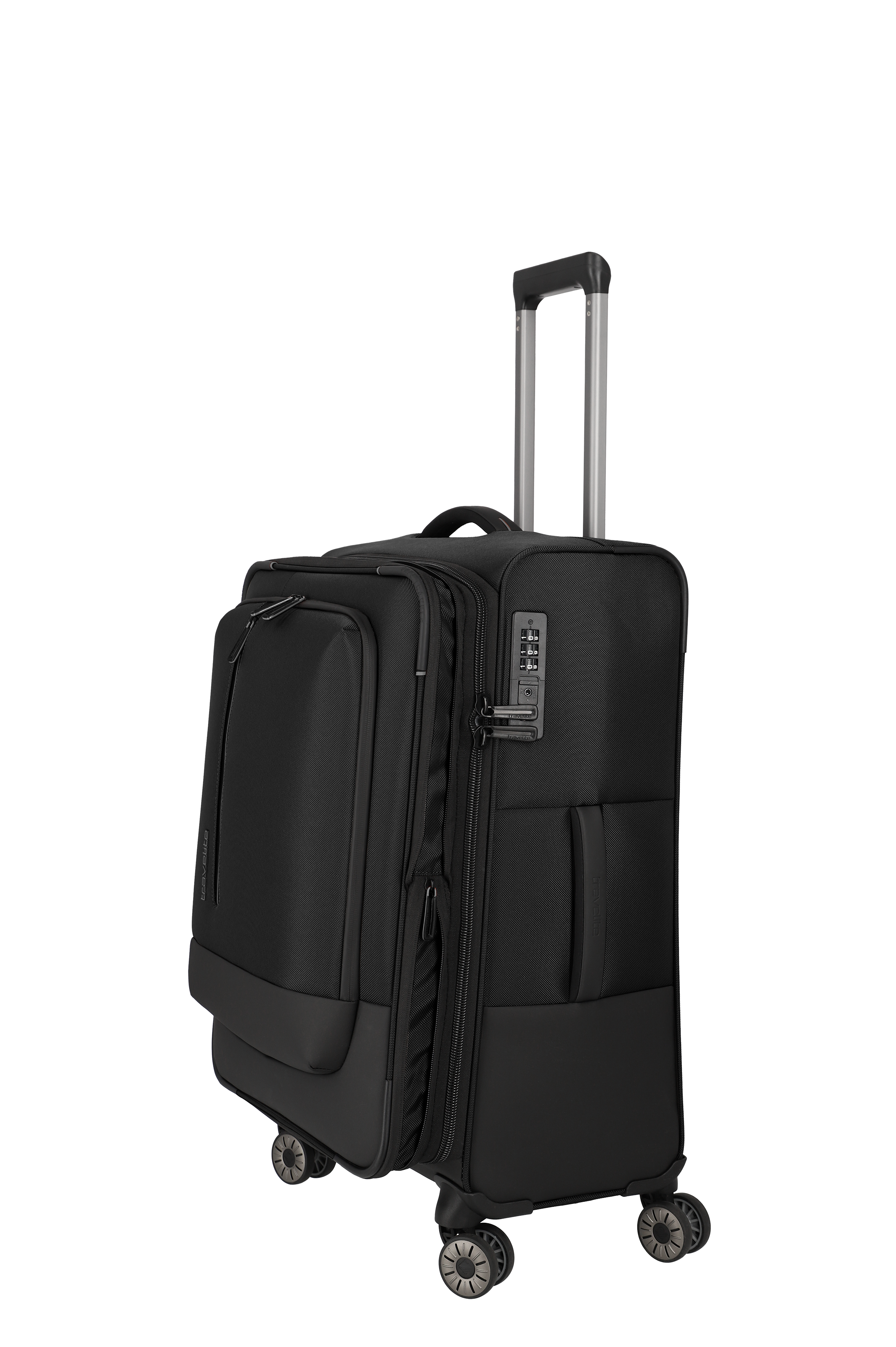 Schwarzer Trolley-Koffer mit Zahlenschloss und vier Rollen – ideal als Handgepäck für Reisen
