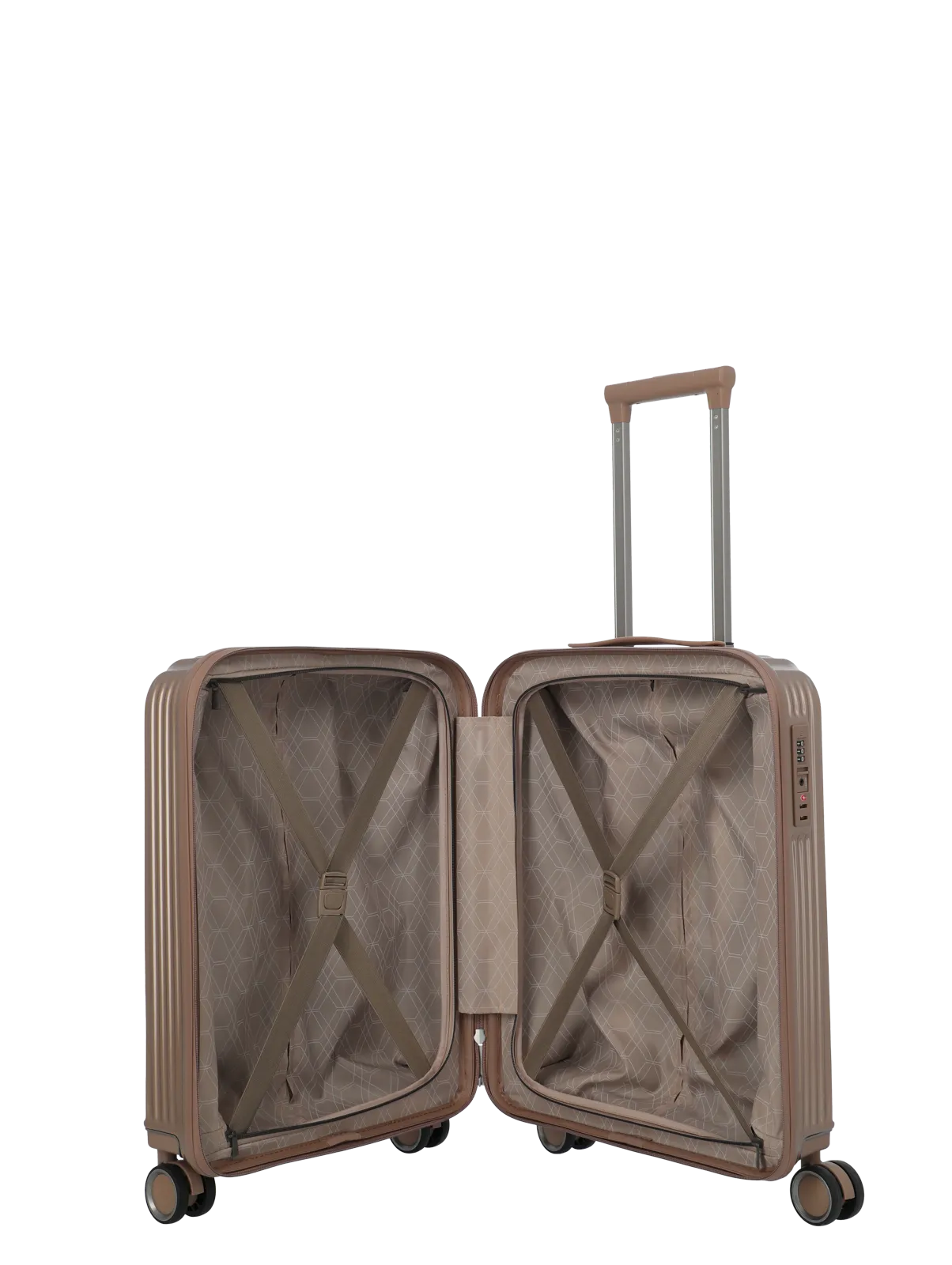 Eleganter Hartschalen-Trolley in Braun mit geöffnetem Innenraum, praktischen Packgurten und Teleskopgriff