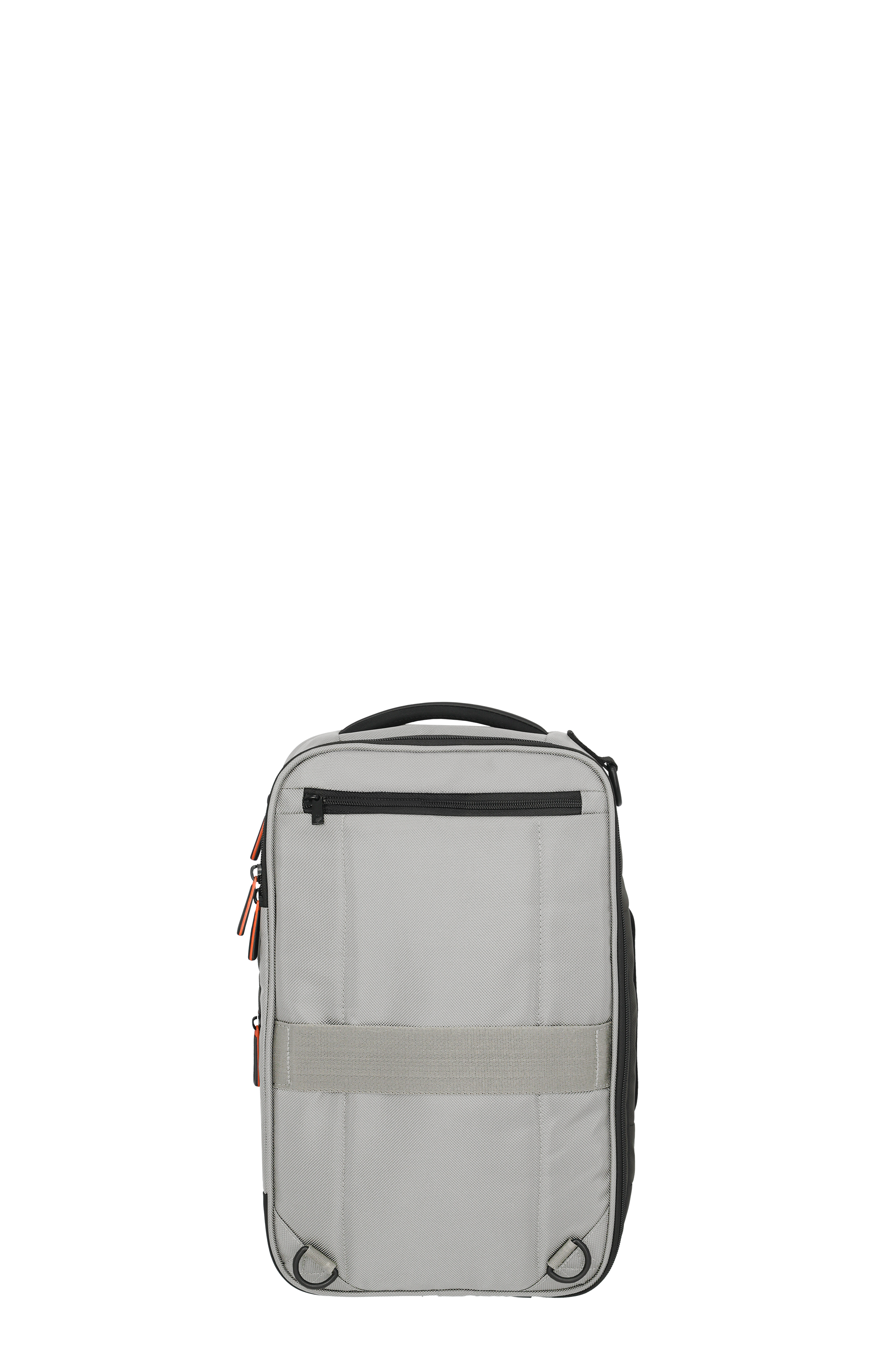 Grauer Rucksack mit schwarzem Reißverschluss und Tragegriff, modernes Design