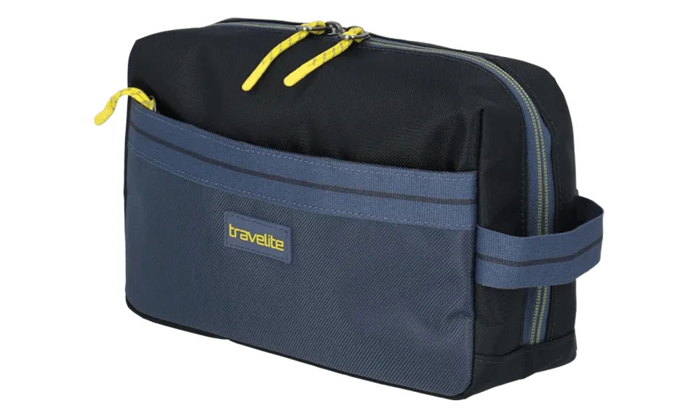Travelite Kulturtasche in Blau und Schwarz mit gelben Details, praktische Reisetasche mit Fronttasche und Tragegriff Praktische Travelite Kulturtasche in Blau und Schwarz mit gelben Reißverschluss-Zippern, Fronttasche und seitlichem Tragegriff