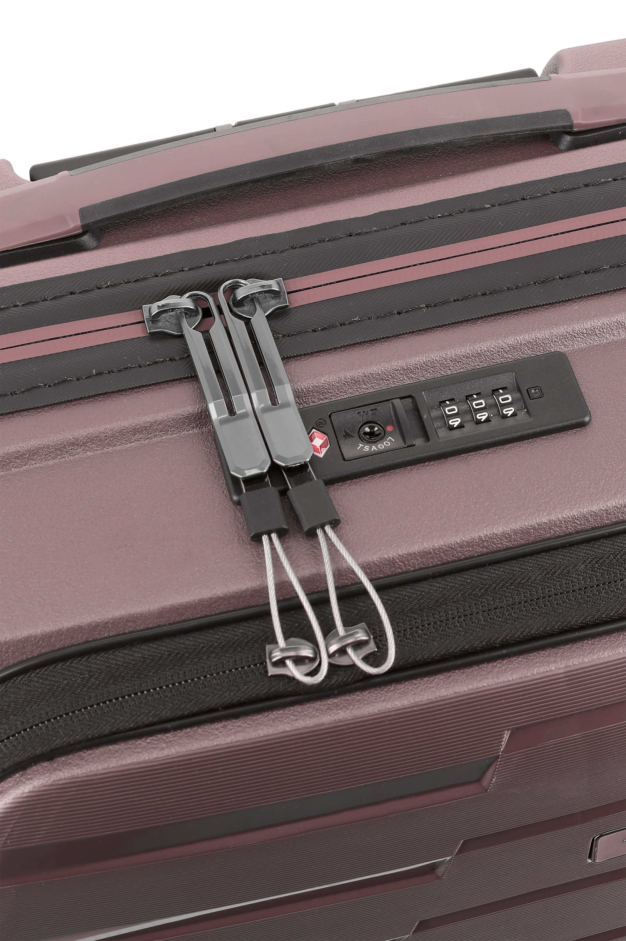 Detailansicht eines rosafarbenen Hartschalenkoffers mit Zahlenkombinationsschloss und doppeltem Reißverschluss