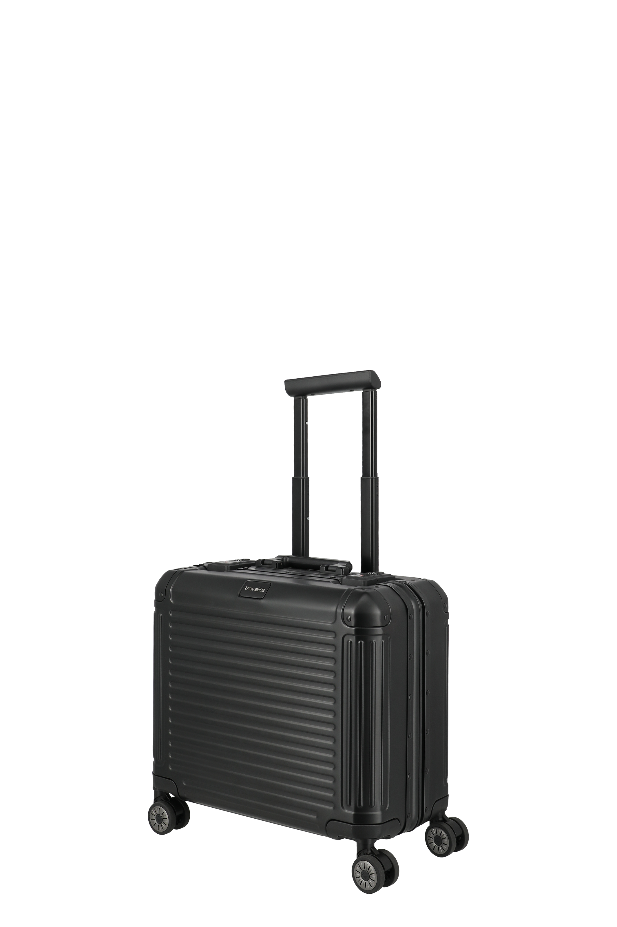 Schwarzer Hartschalen-Trolley mit vier Rollen und ausziehbarem Griff