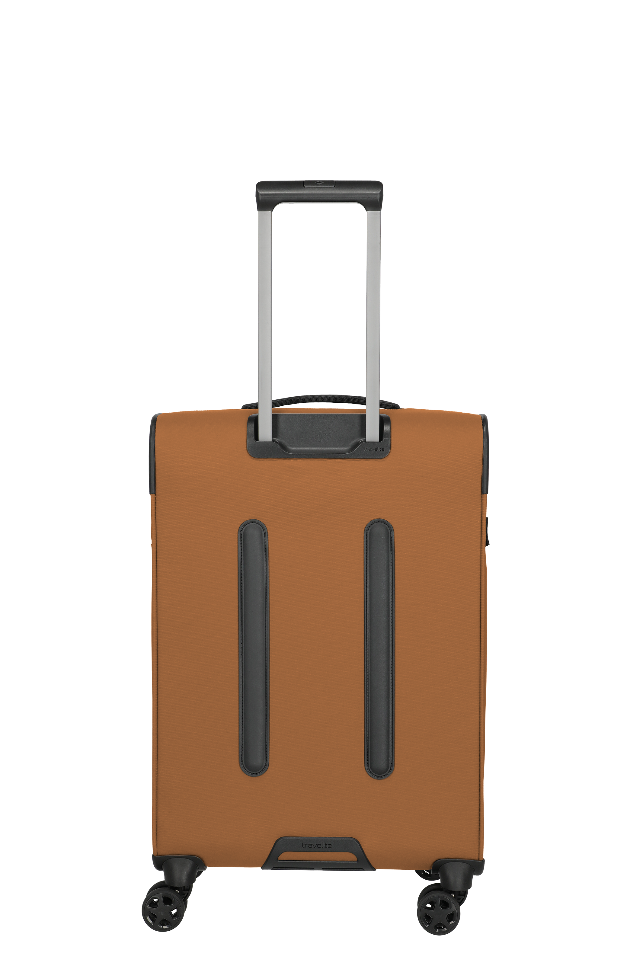 Moderner brauner Hartschalenkoffer mit Teleskopgriff und 4 Rollen – Rückansicht