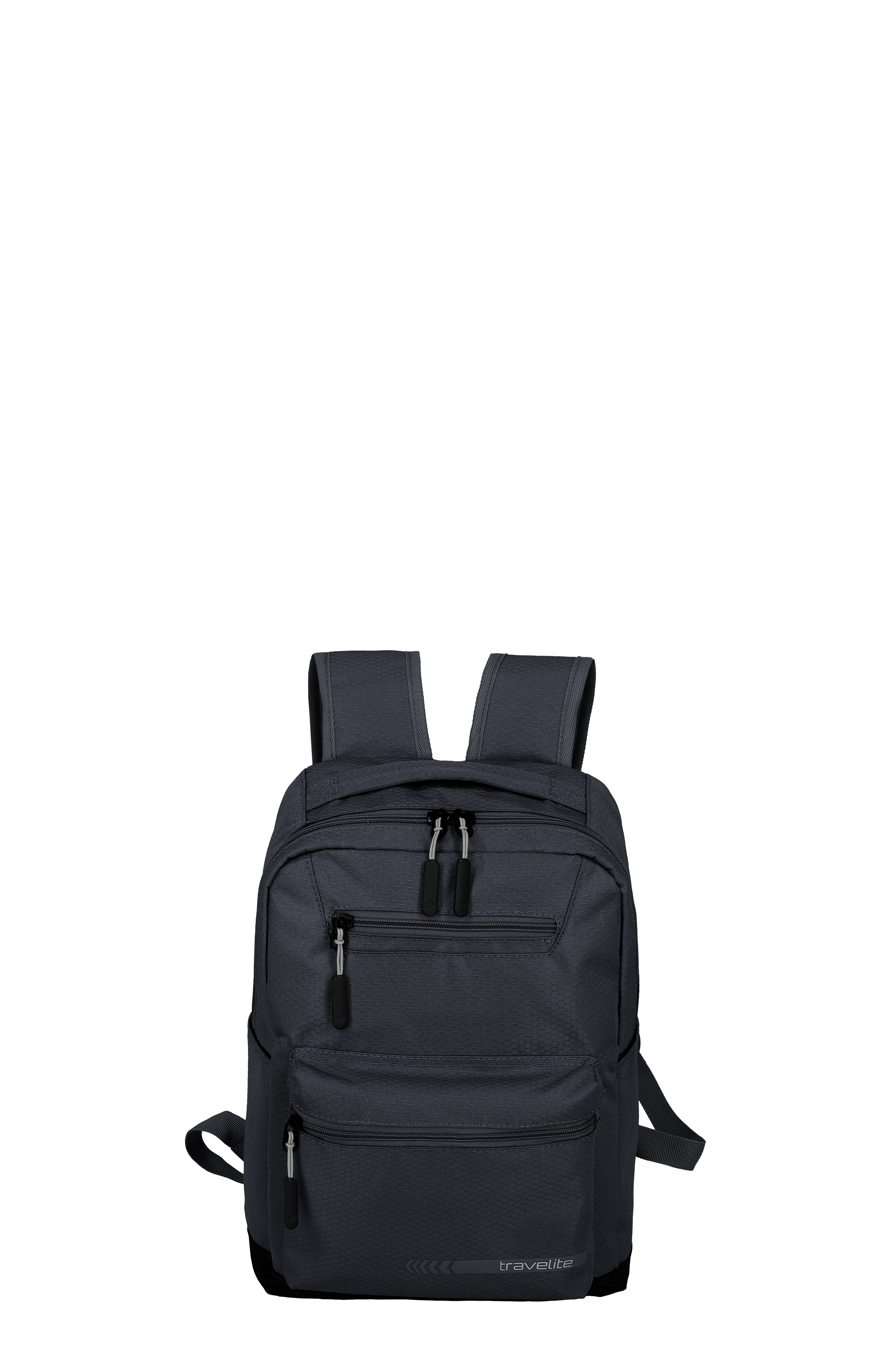Lo zaino TRAVELITE grigio M è posizionato al centro su uno sfondo nero. Lo zaino ha spallacci imbottiti, diverse tasche con zip sul davanti e il logo TRAVELITE sul fondo.
