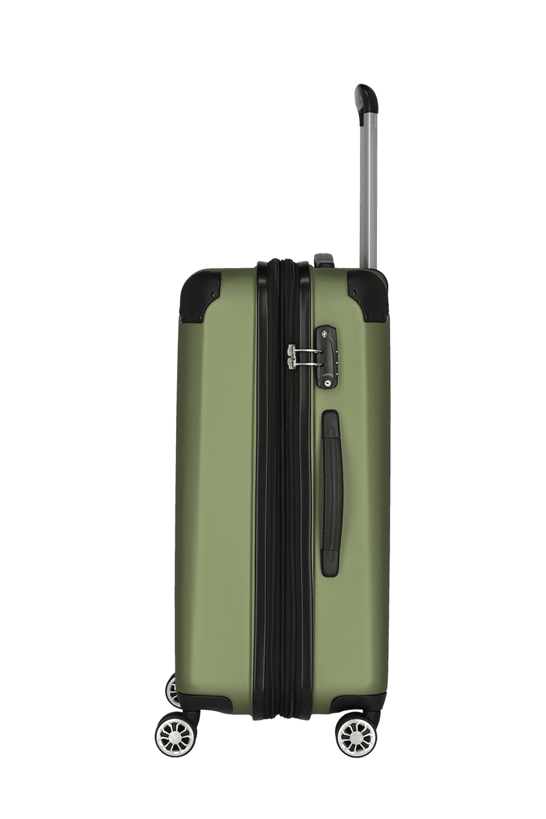 Moderner grüner Hartschalenkoffer mit Teleskopgriff und Rollen