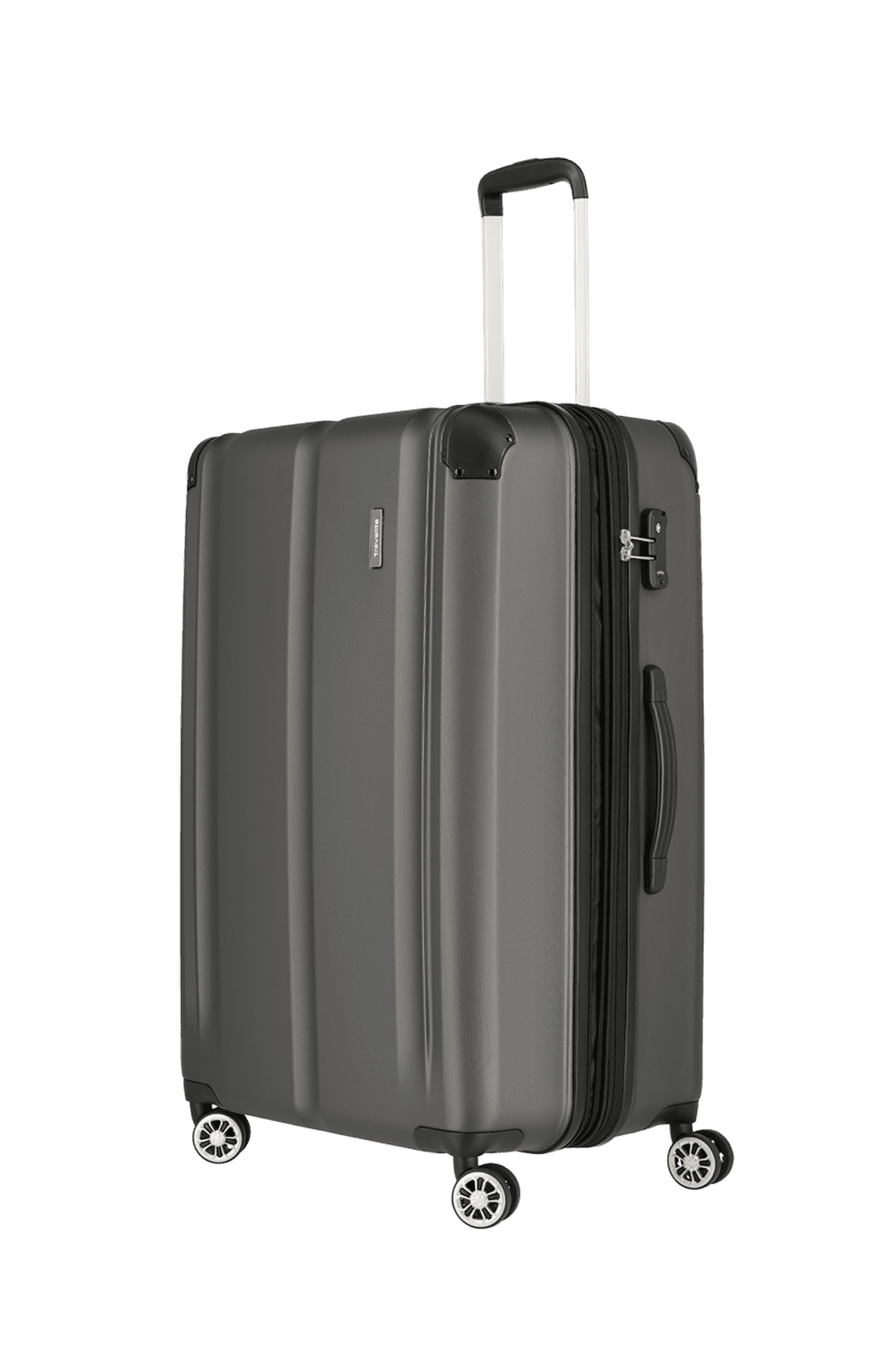 Eleganter grauer Trolley-Koffer mit vier Rollen und ausziehbarem Griff