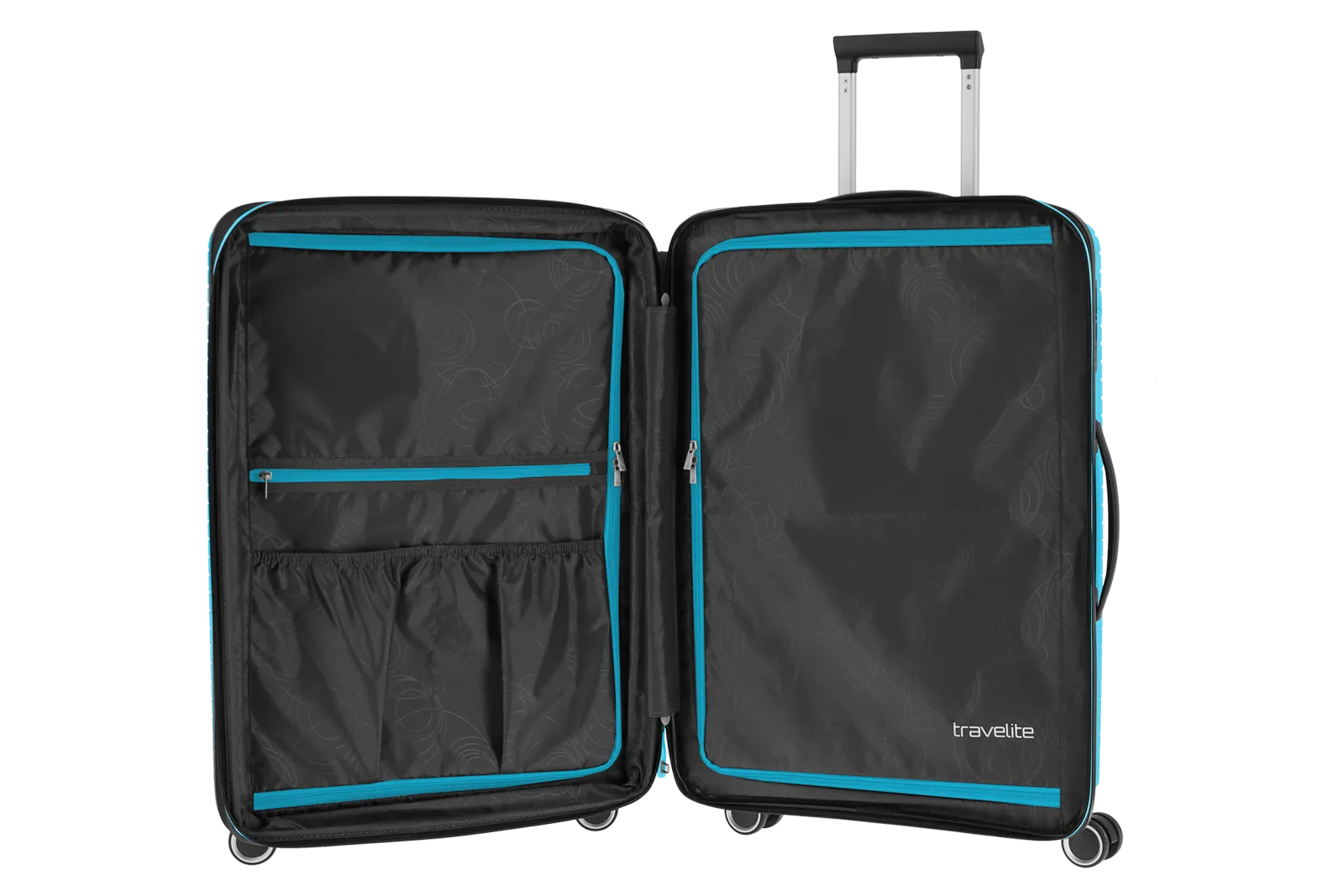 Geöffneter Travelite Trolley mit zwei großen Innenfächern und blauen Akzenten Offener schwarzer Koffer mit blauen Reißverschlüssen, mehreren Fächern und Teleskopgriff, Marke Travelite