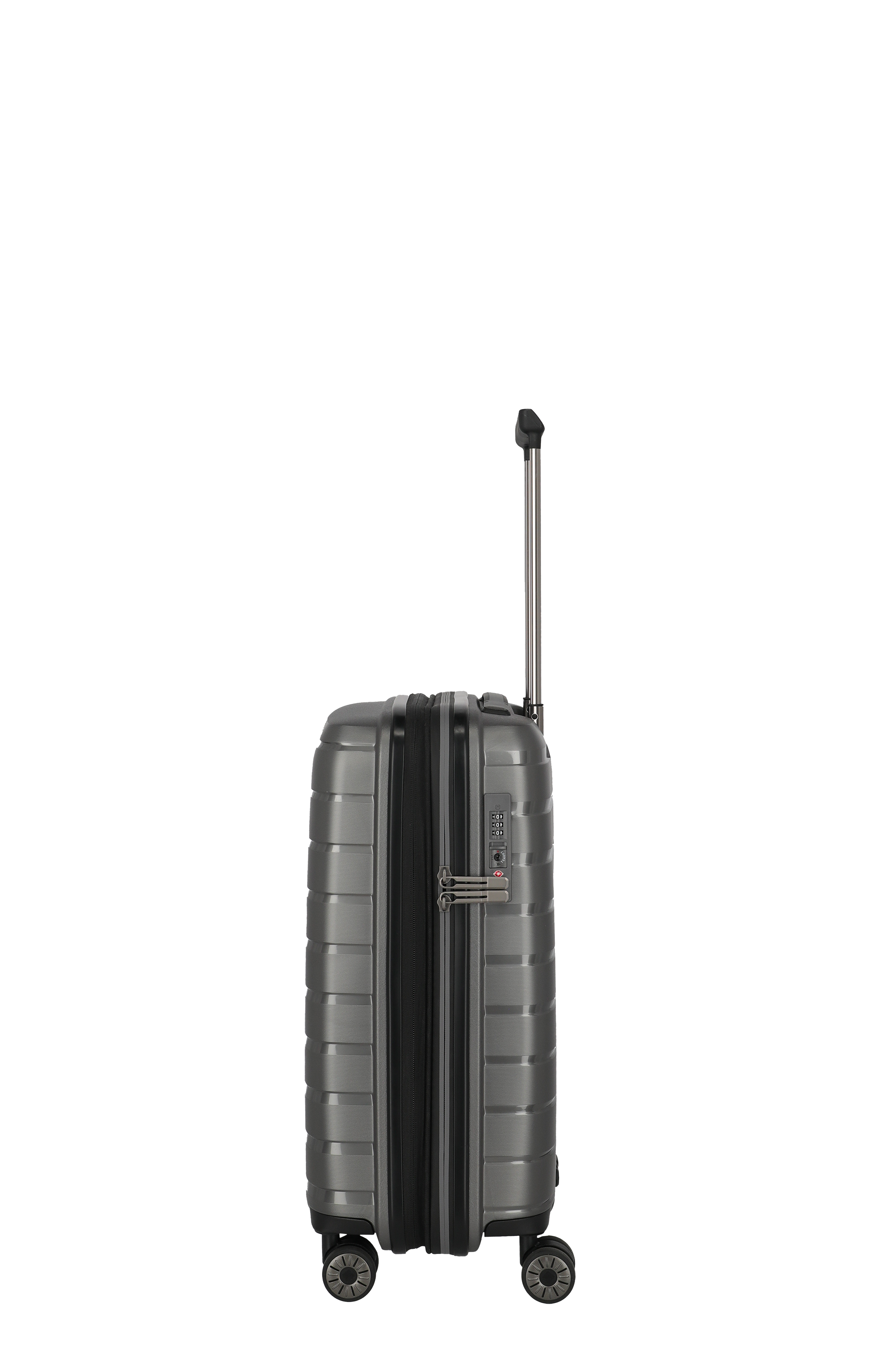 Grauer Hartschalenkoffer mit Teleskopgriff und vier Rollen – Seitenansicht