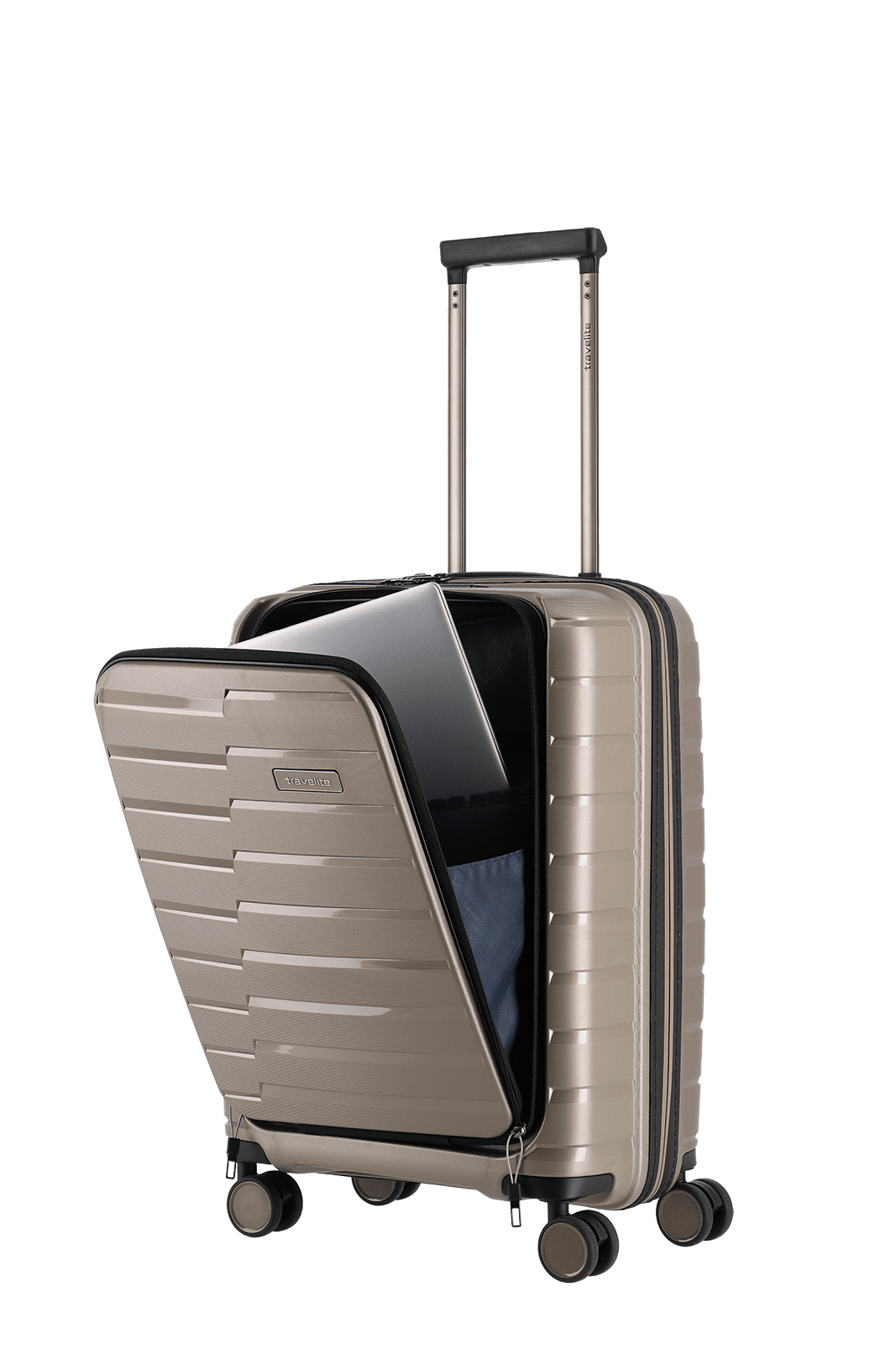travelite AirBase Koffer Vortasche geöffnet in champagner Größe S+