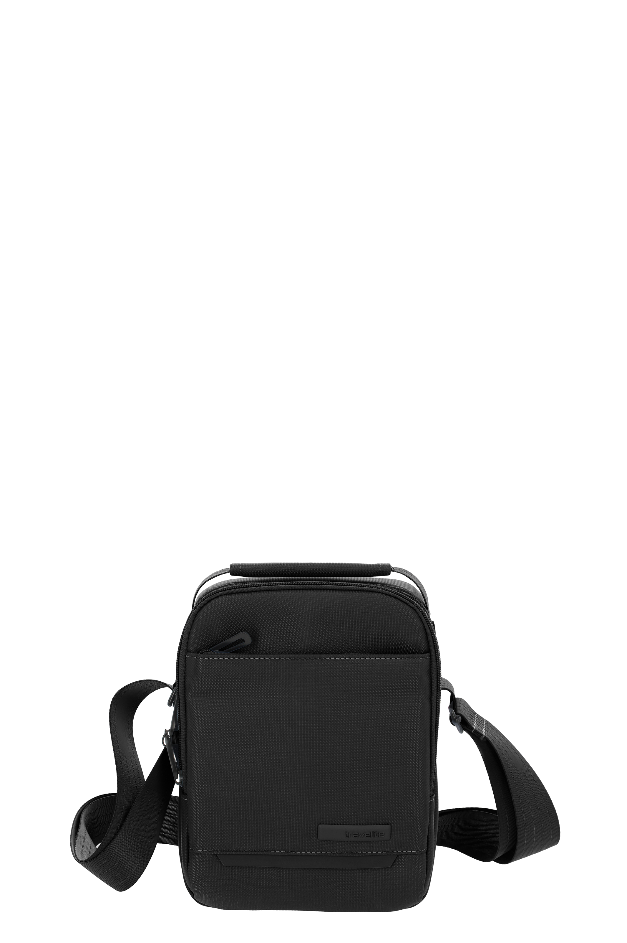 Vista frontale di una borsa a tracolla nera con tracolla regolabile e chiusura a zip