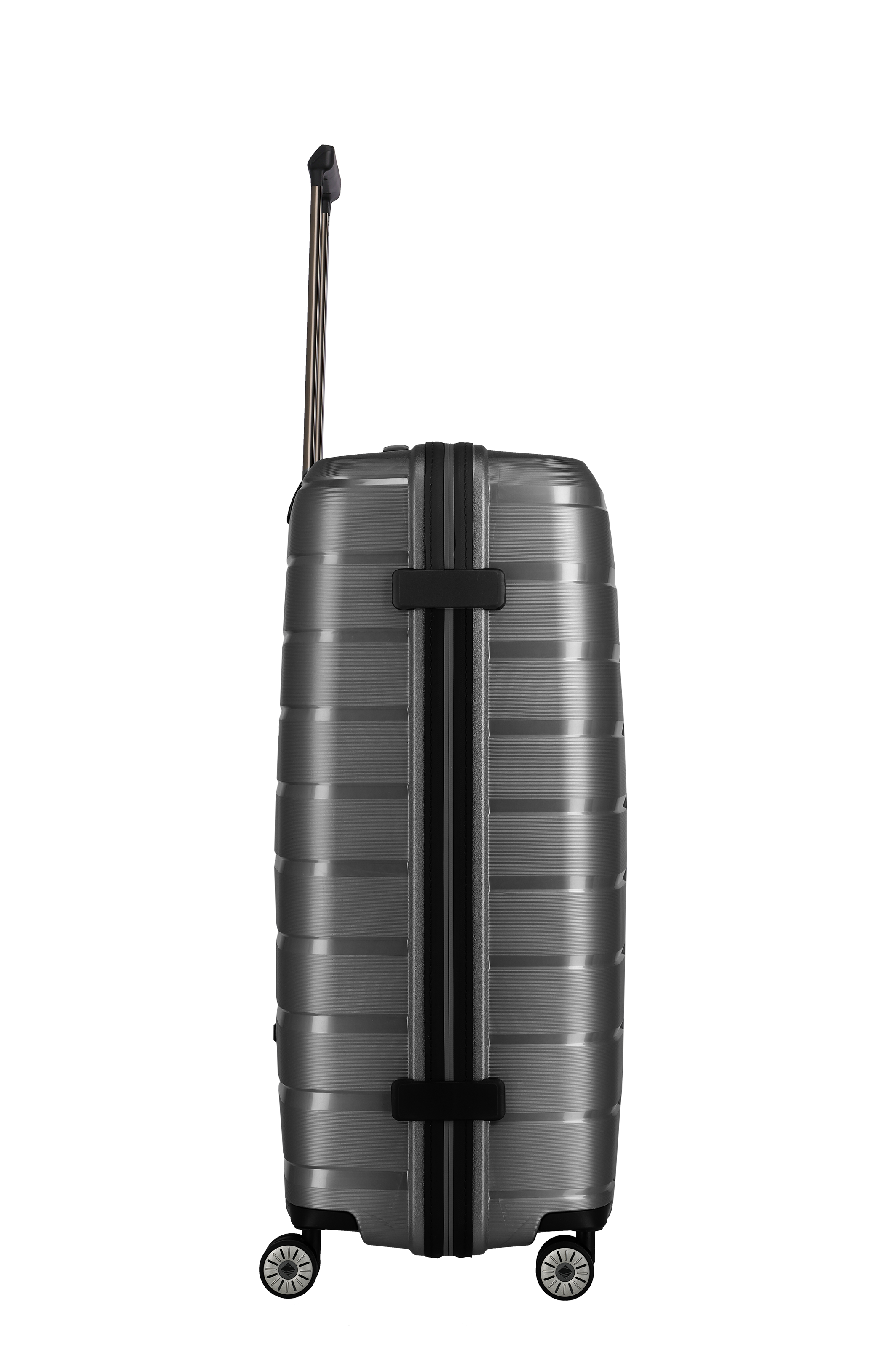 Stabiler Hartschalenkoffer in Silber mit Teleskopgriff und vier Rollen – ideal für Reisen