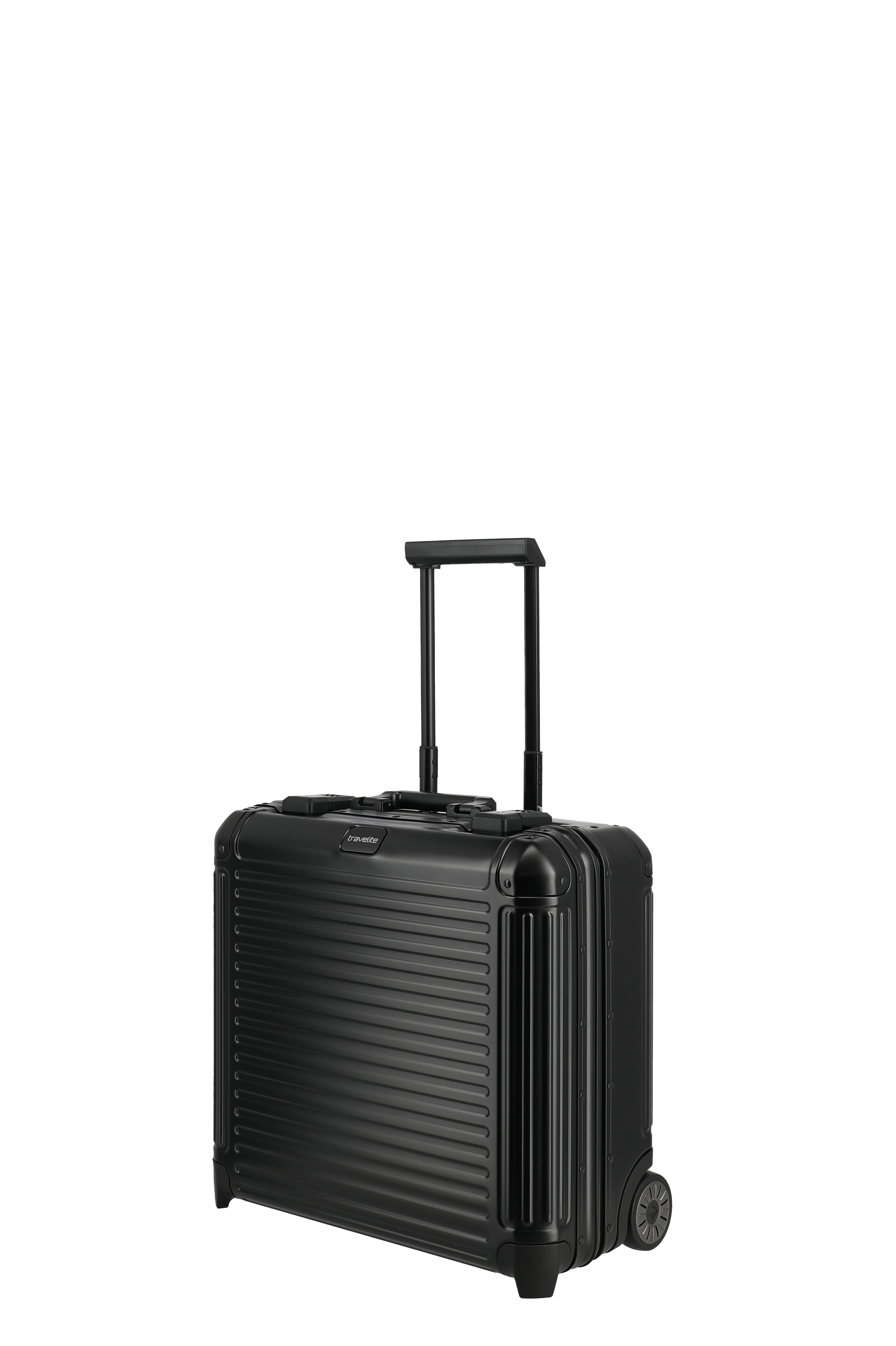 Stabiler schwarzer Hartschalen-Trolley mit Teleskopgriff und Rollen – ideal als Handgepäck für Reisen