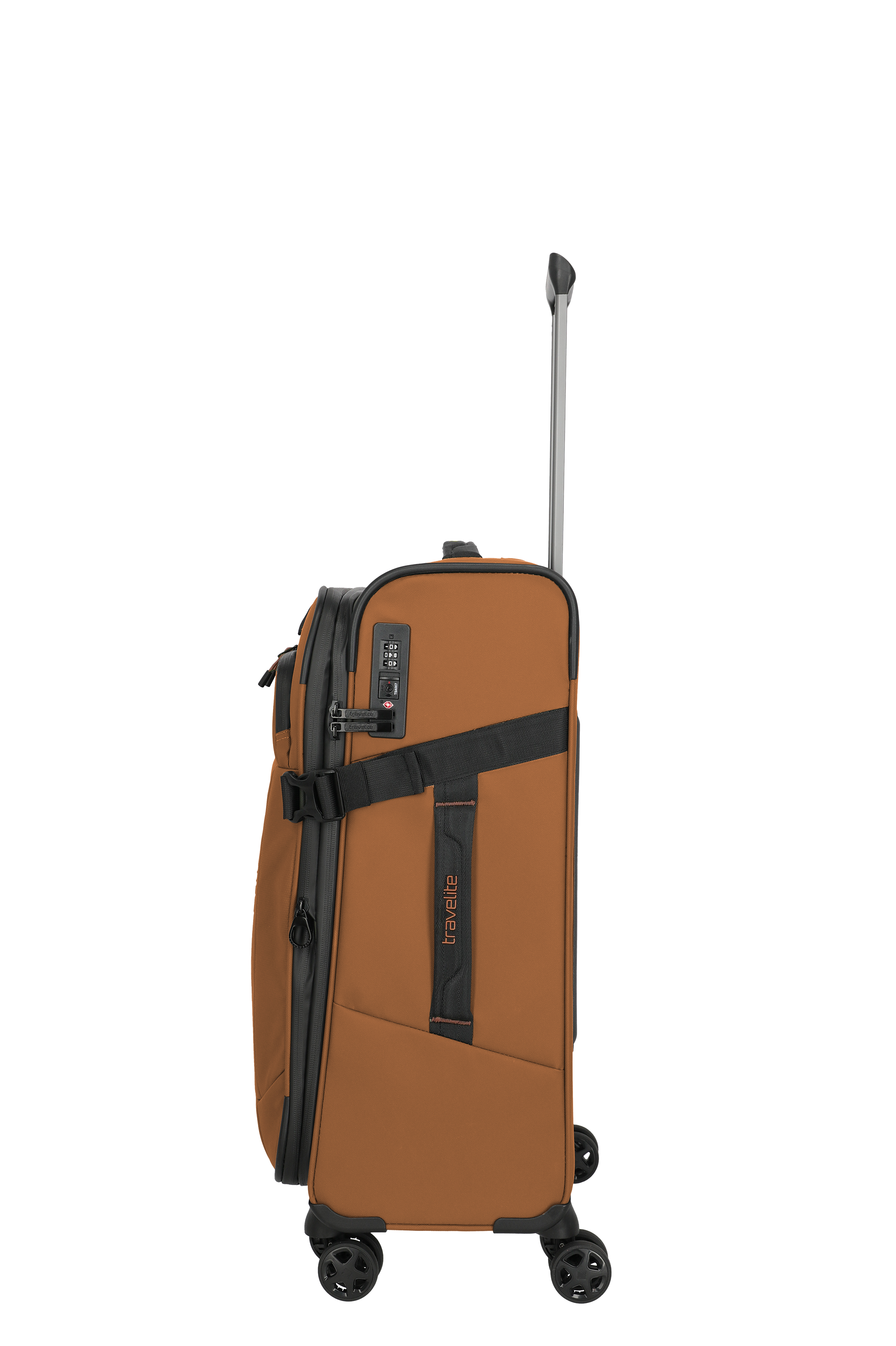 Brauner Weichschalen-Koffer mit vier Rollen und Zahlenschloss von travelite