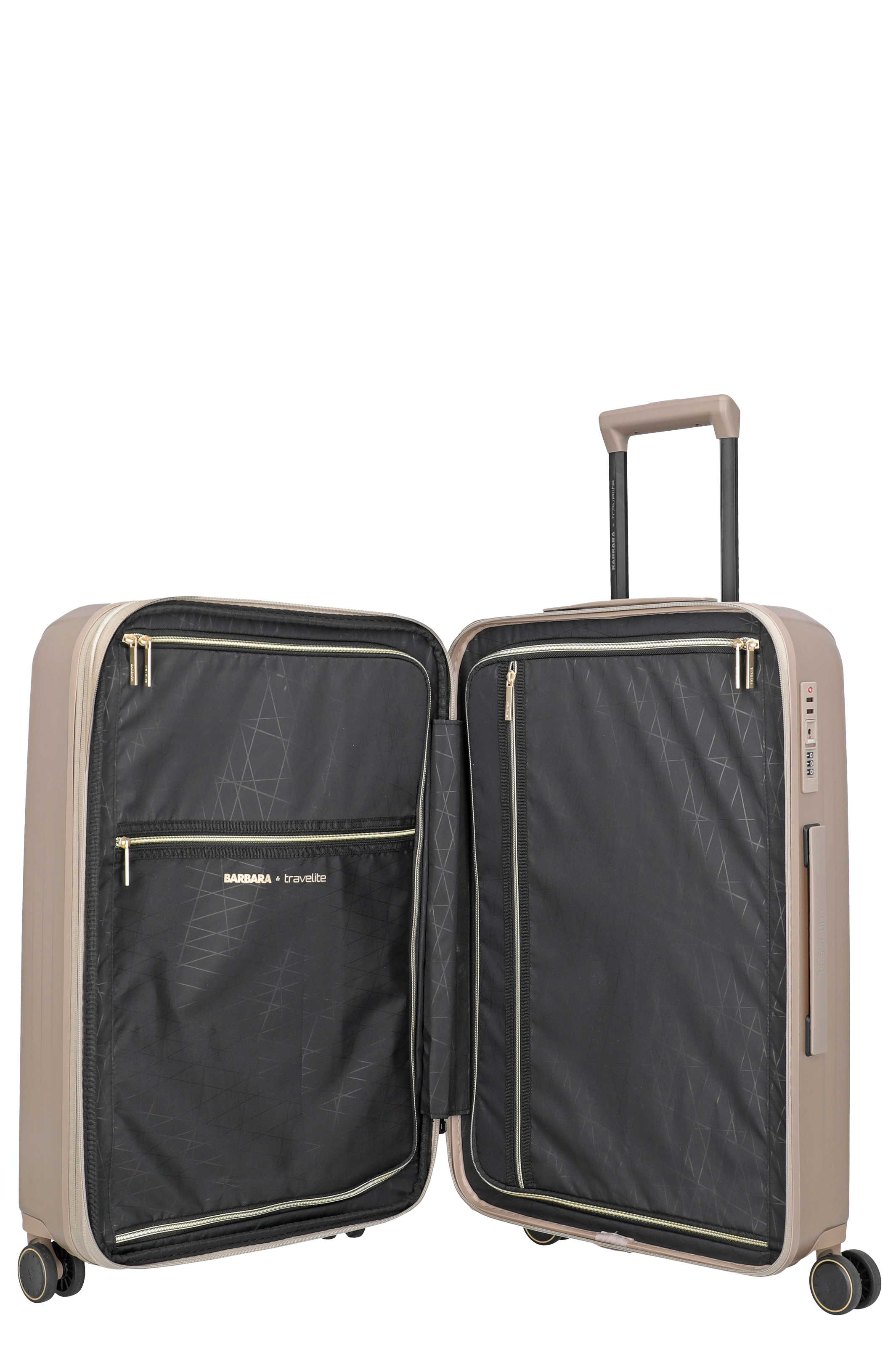 Offener Hartschalen-Trolley in Beige mit Innenfächern und TSA-Schloss – travelite BARBARA Edition