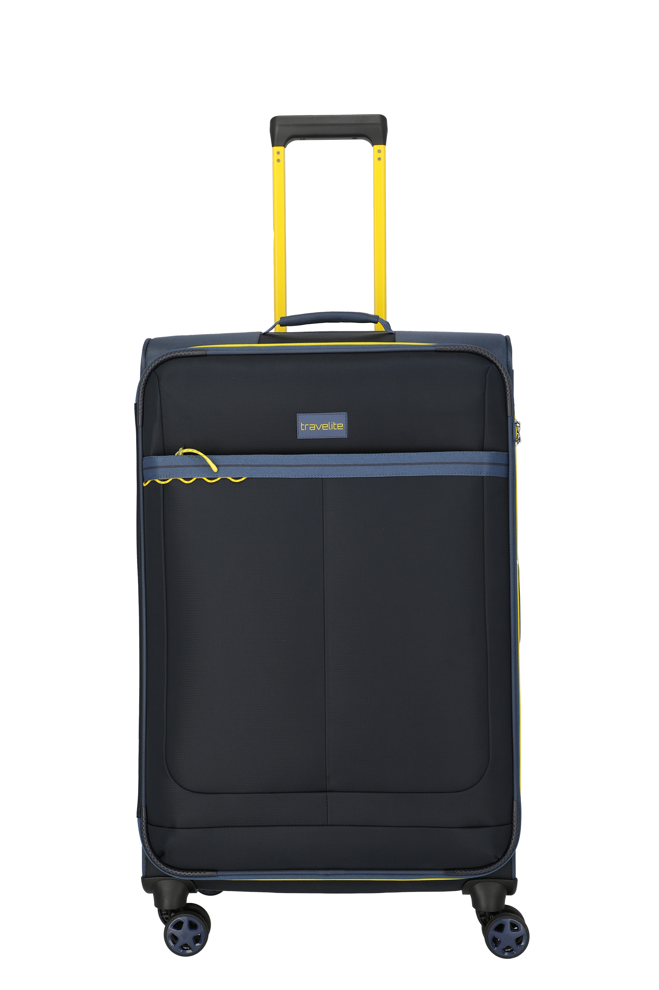 Trolley Travelite noir à quatre roulettes, poignée télescopique jaune et poche frontale pour voyager confortablement