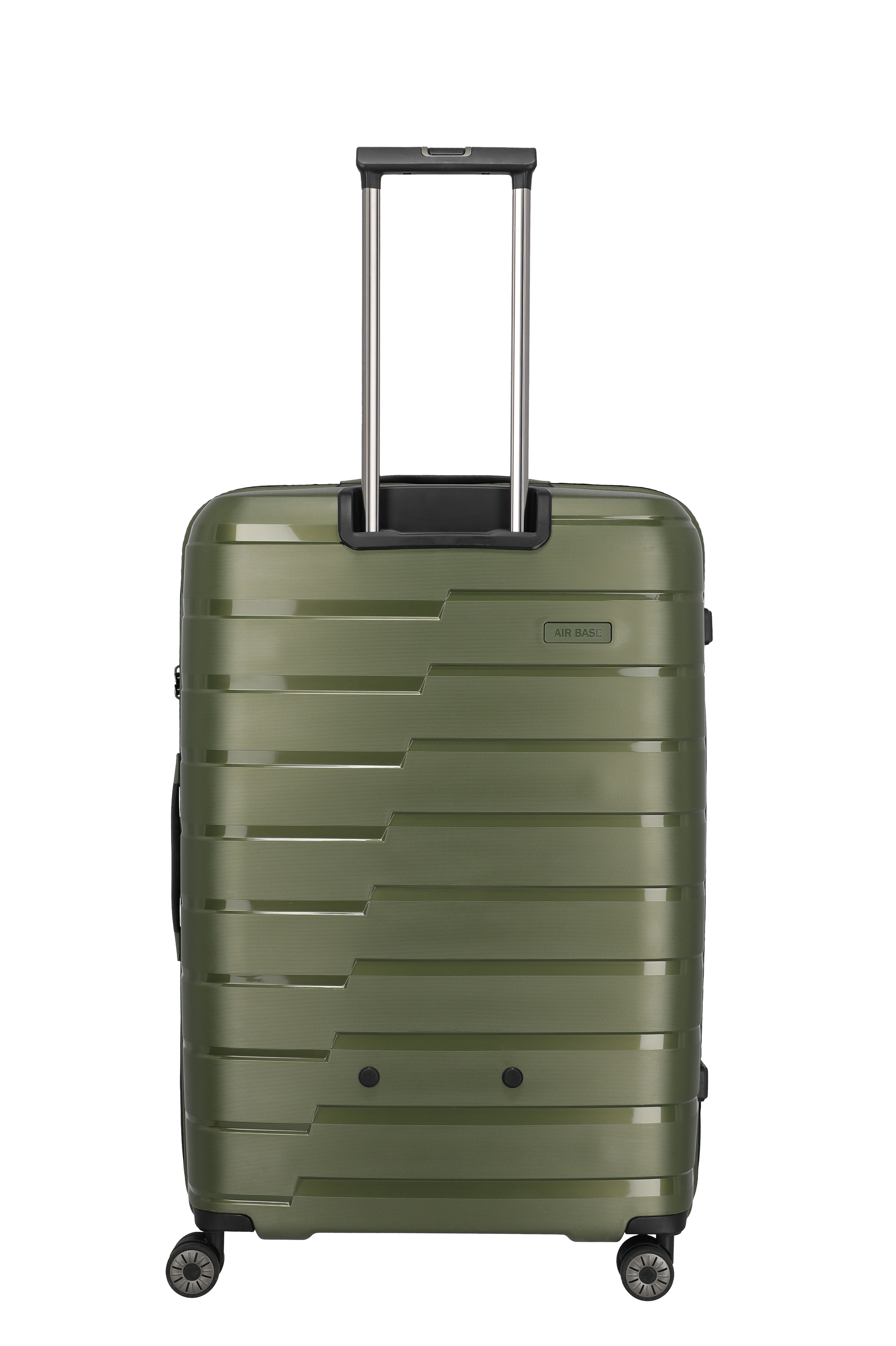 Stabiler Hartschalenkoffer in Olivgrün mit vier Rollen und Teleskopgriff