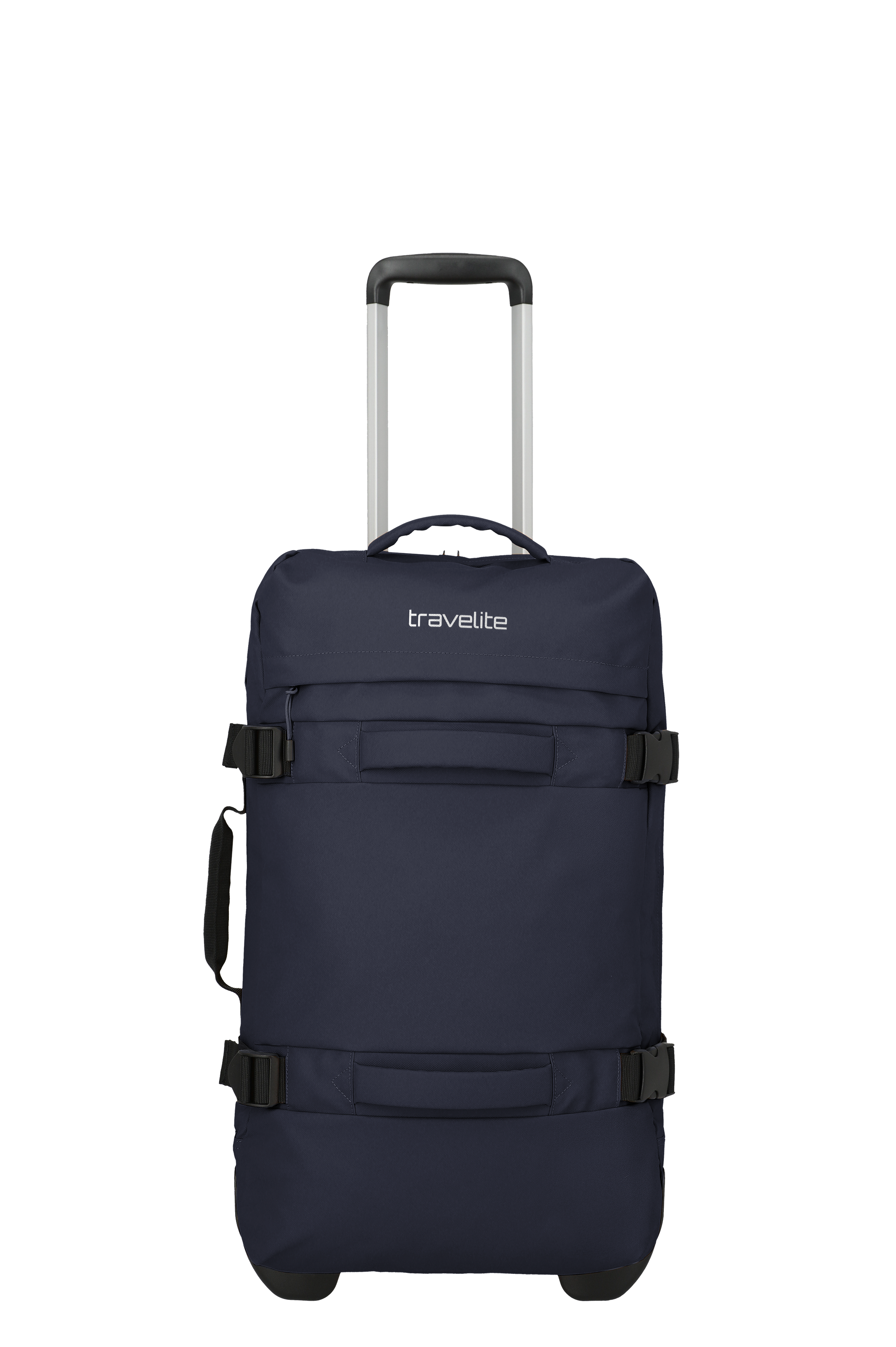 Un Trolley blu scuro con manico telescopico argentato su sfondo nero. La valigia è dotata di due ampie cinghie con fibbie nere, una maniglia superiore e una laterale. Il logo "travelite" è stampato in bianco.