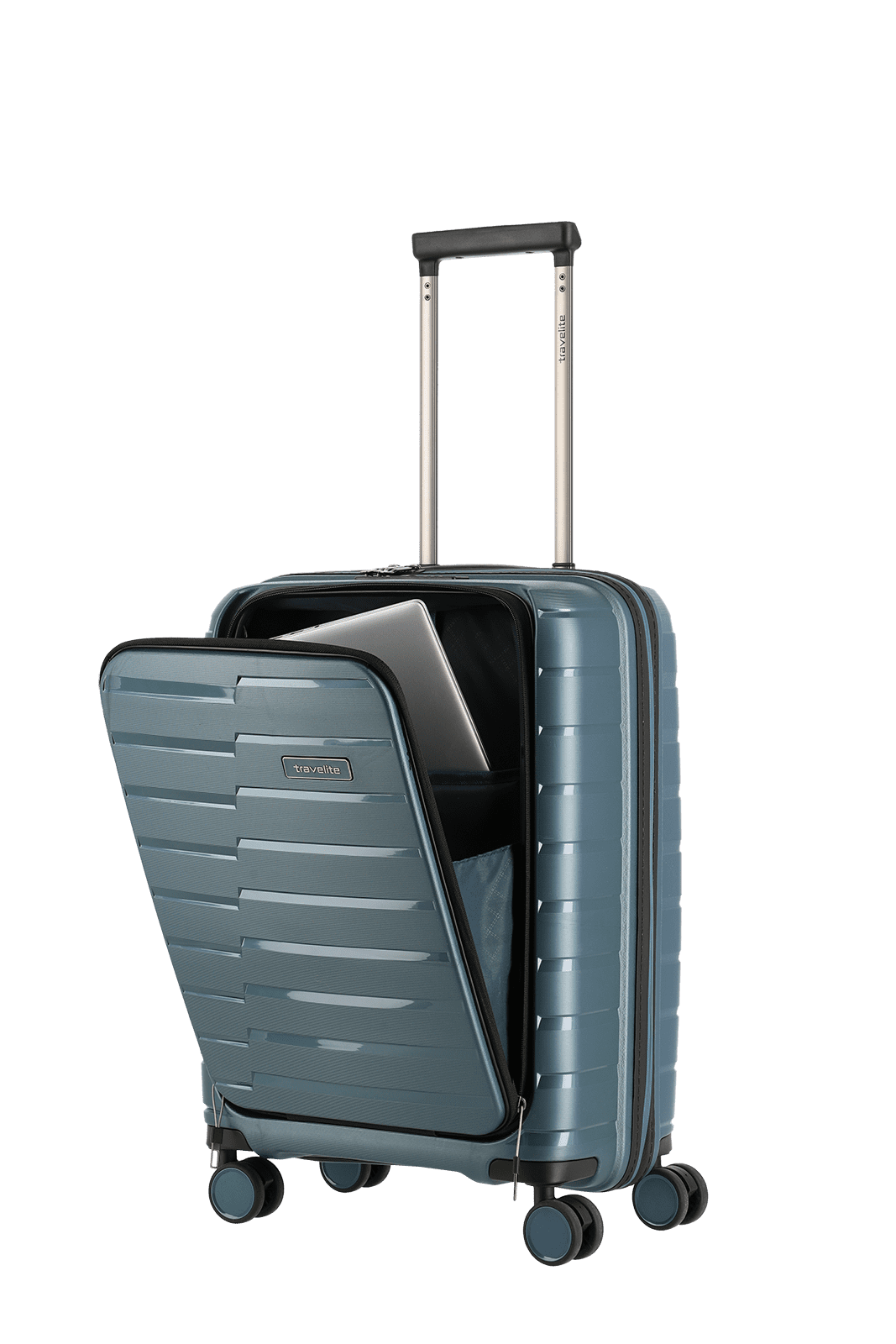 travelite AirBase Koffer mit geöffneter Vortasche in blau Größe S+