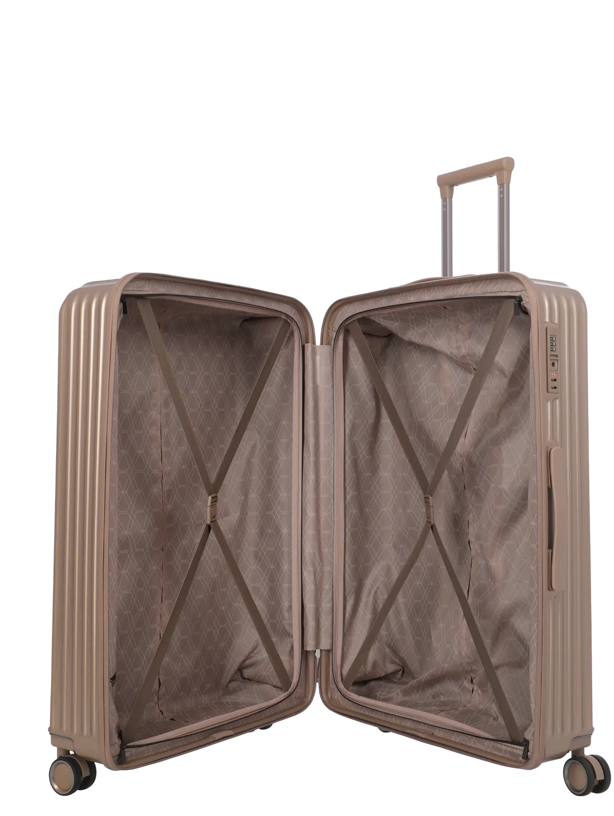 Großer Hartschalenkoffer in Beige mit geöffnetem Innenraum und Kreuzspanngurten