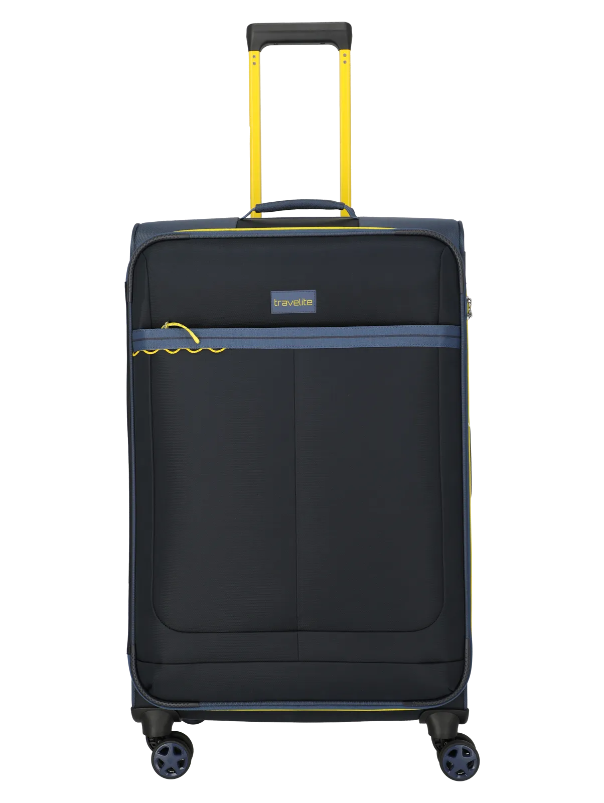 Travelite Weichschalen-Trolley mit vier Rollen, leichtem Gestänge und Fronttasche, Farbe Schwarz-Gelb Schwarzer Travelite Trolley mit vier Rollen, gelbem Teleskopgriff und Fronttasche für komfortables Reisen