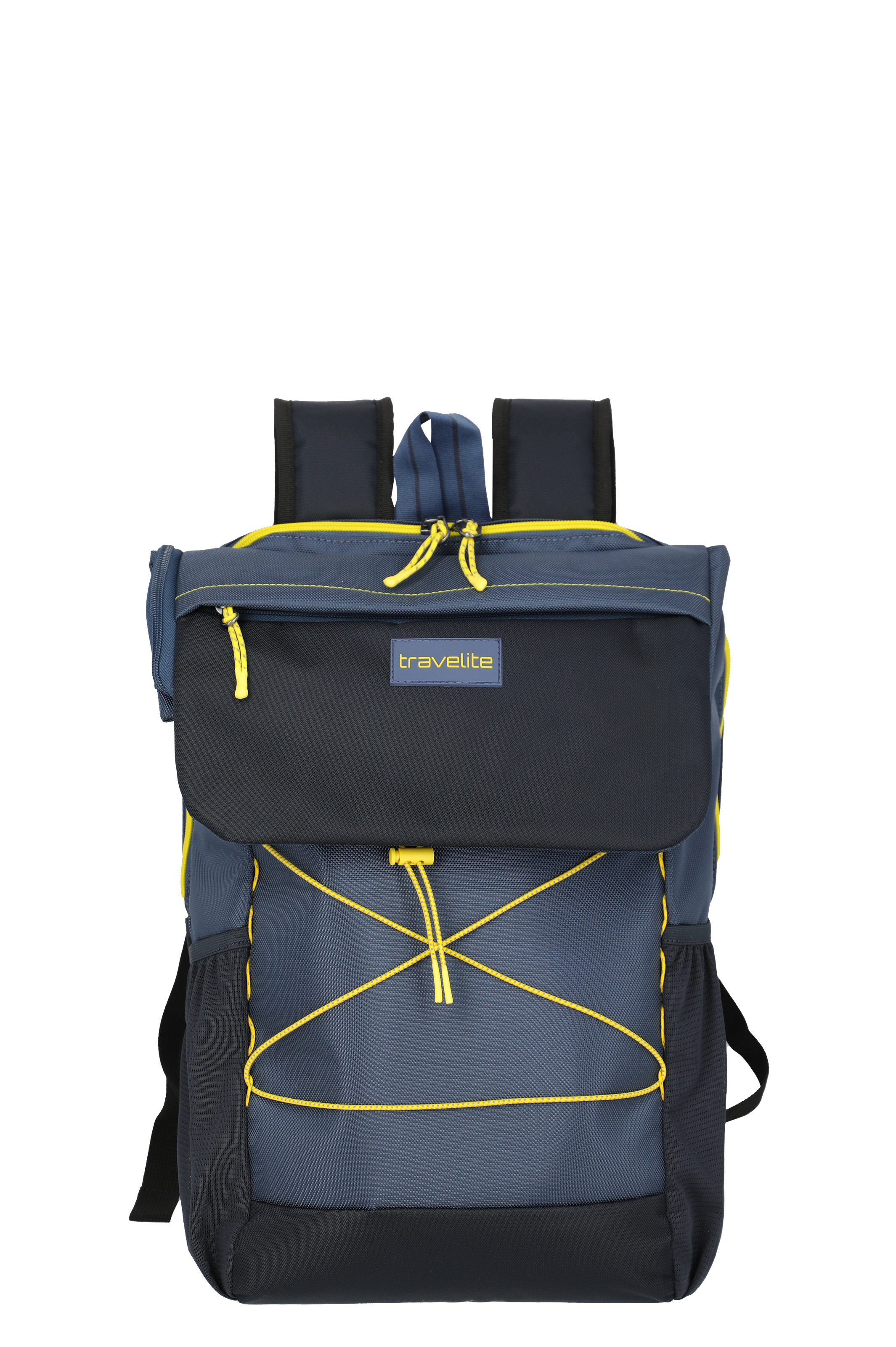 Modern travelite backpack in dark blue with yellow decorative stitching, front pocket and zip, suitable for everyday and outdoor use