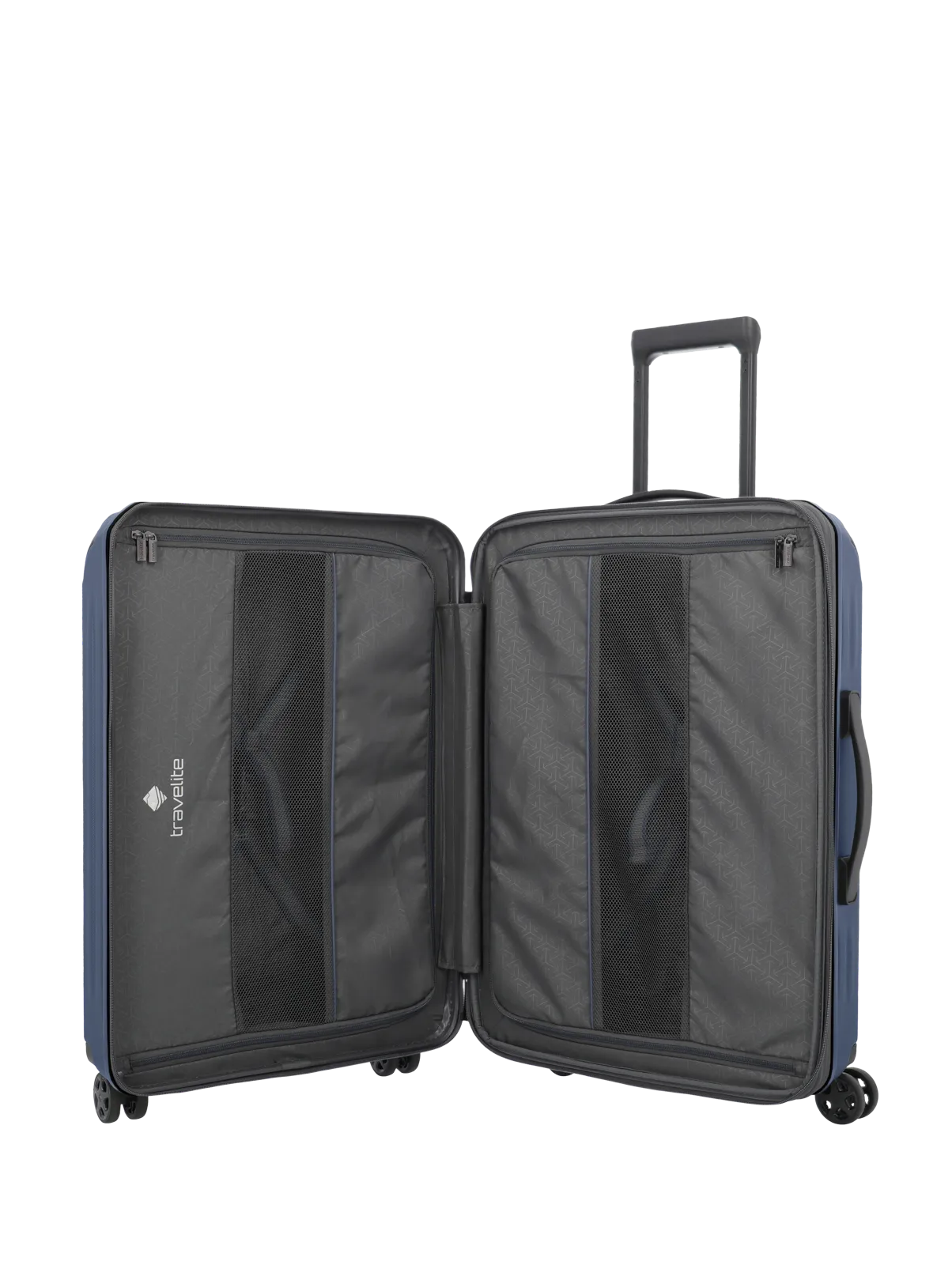 Geöffneter Hartschalenkoffer in Blau mit ausziehbarem Griff und Innenfächern von travelite