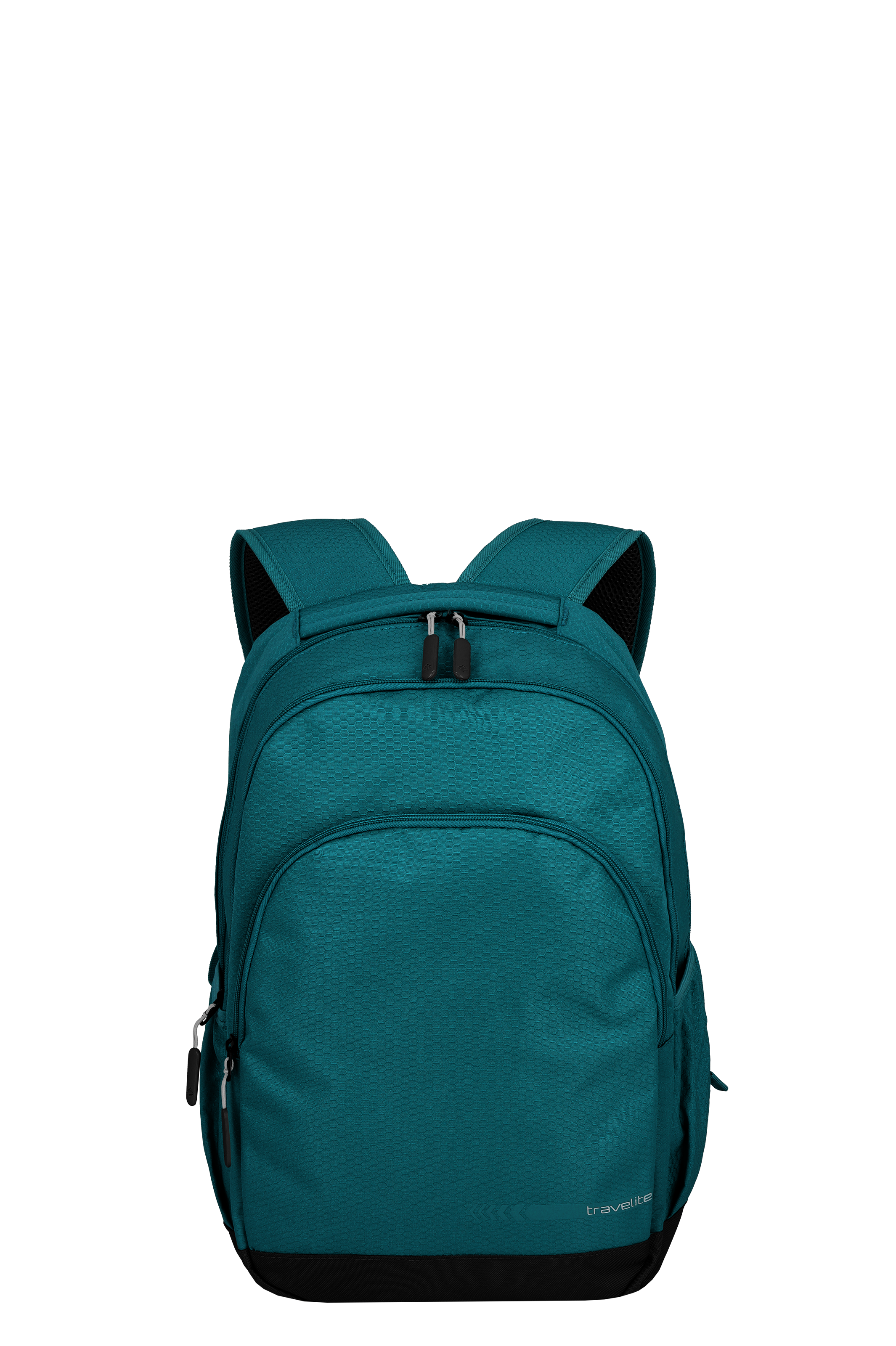 Türkisfarbener Rucksack vor schwarzem Hintergrund. Mit gepolsterten Schultergurten, Tragegriff, zwei Hauptfächern und kleiner Fronttasche, alle mit Reißverschlüssen. TRAVELITE Logo unten rechts.
