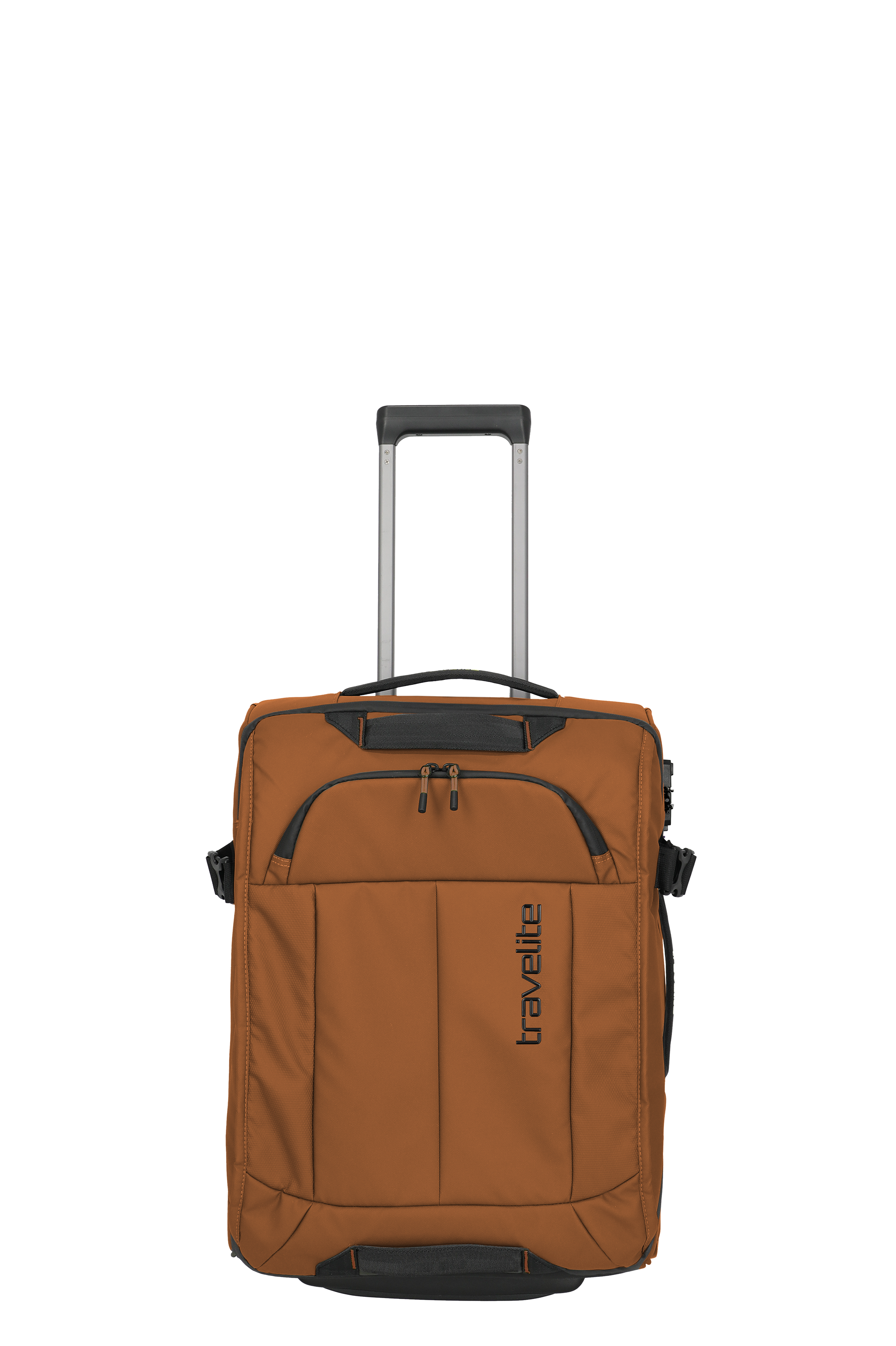 Brauner Travelite Koffer aus Stoff als Handgepäck mit Teleskopgriff und Fronttasche, ideal für Reisen