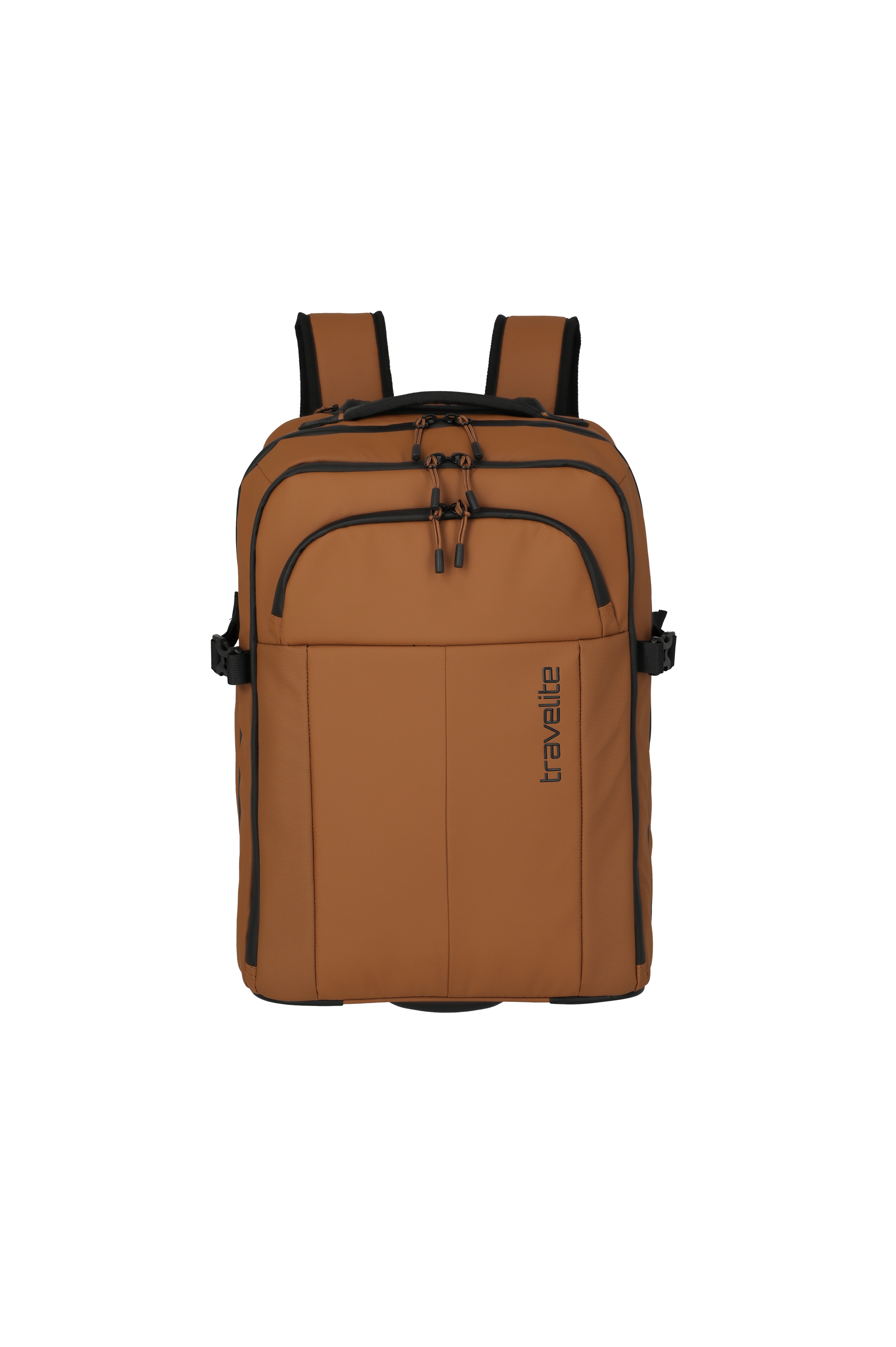 Brauner Travelite Rucksack mit mehreren Reißverschlussfächern und gepolsterten Schulterriemen, geeignet für Reisen oder den täglichen Gebrauch