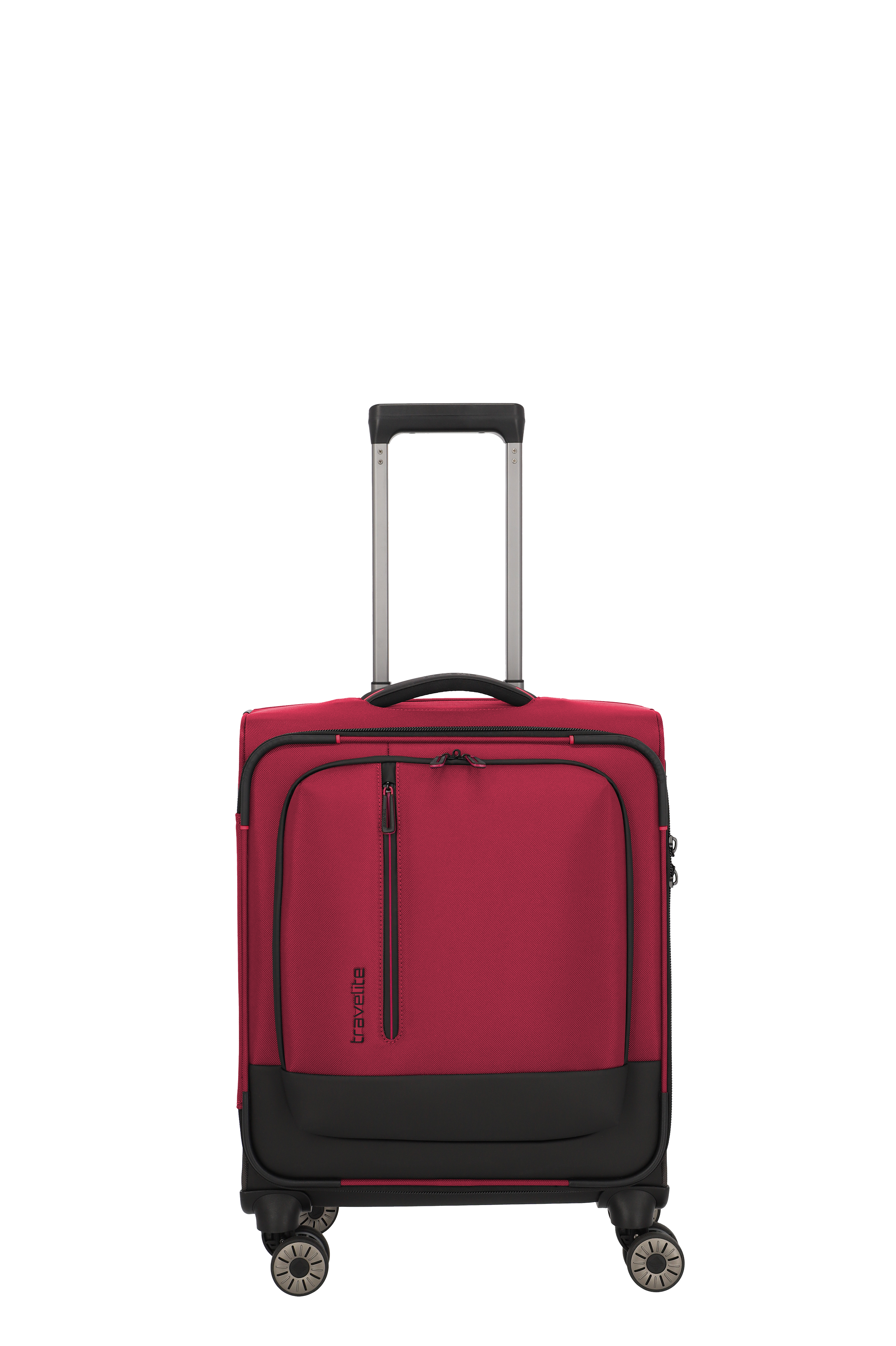Roter Handgepäck-Trolley mit Vordertasche und vier Rollen, Koffer mit ausziehbarem Griff