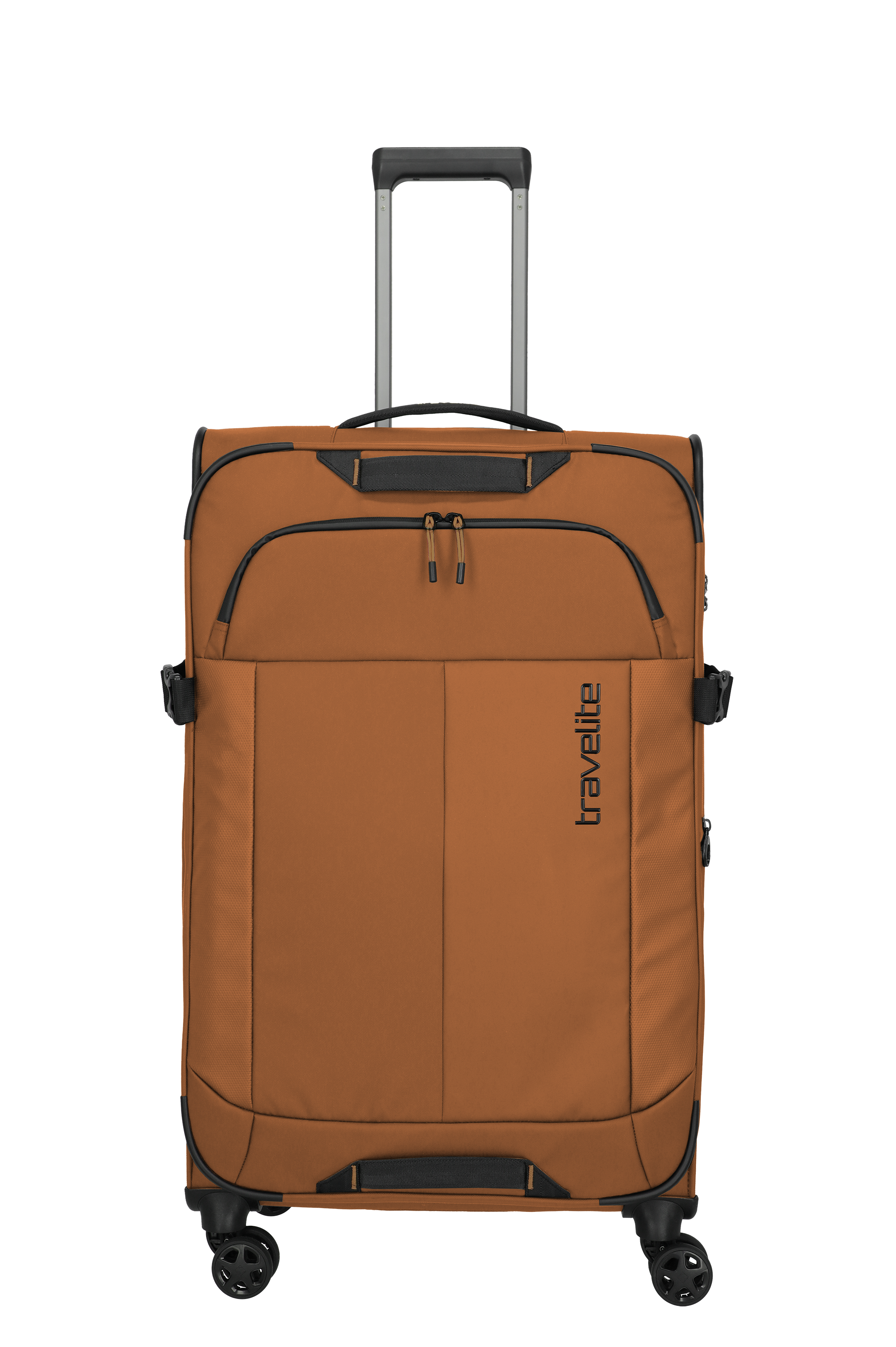 Valigia Travelite marrone con guscio morbido, quattro ruote e manico telescopico, ideale per viaggiare