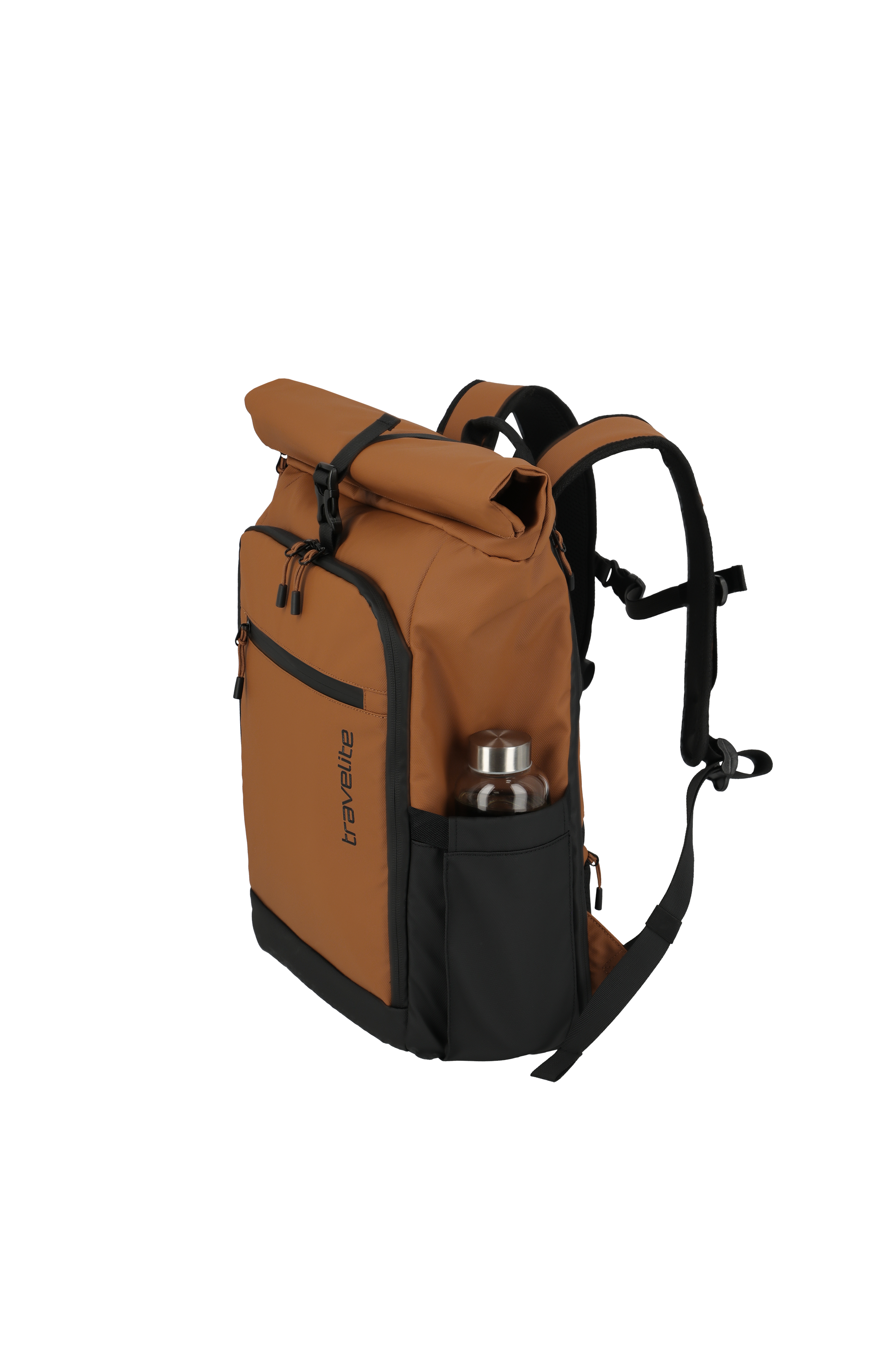 Moderner Rolltop-Rucksack von Travelite in Braun mit Flaschenfach und schwarzem Schultergurt