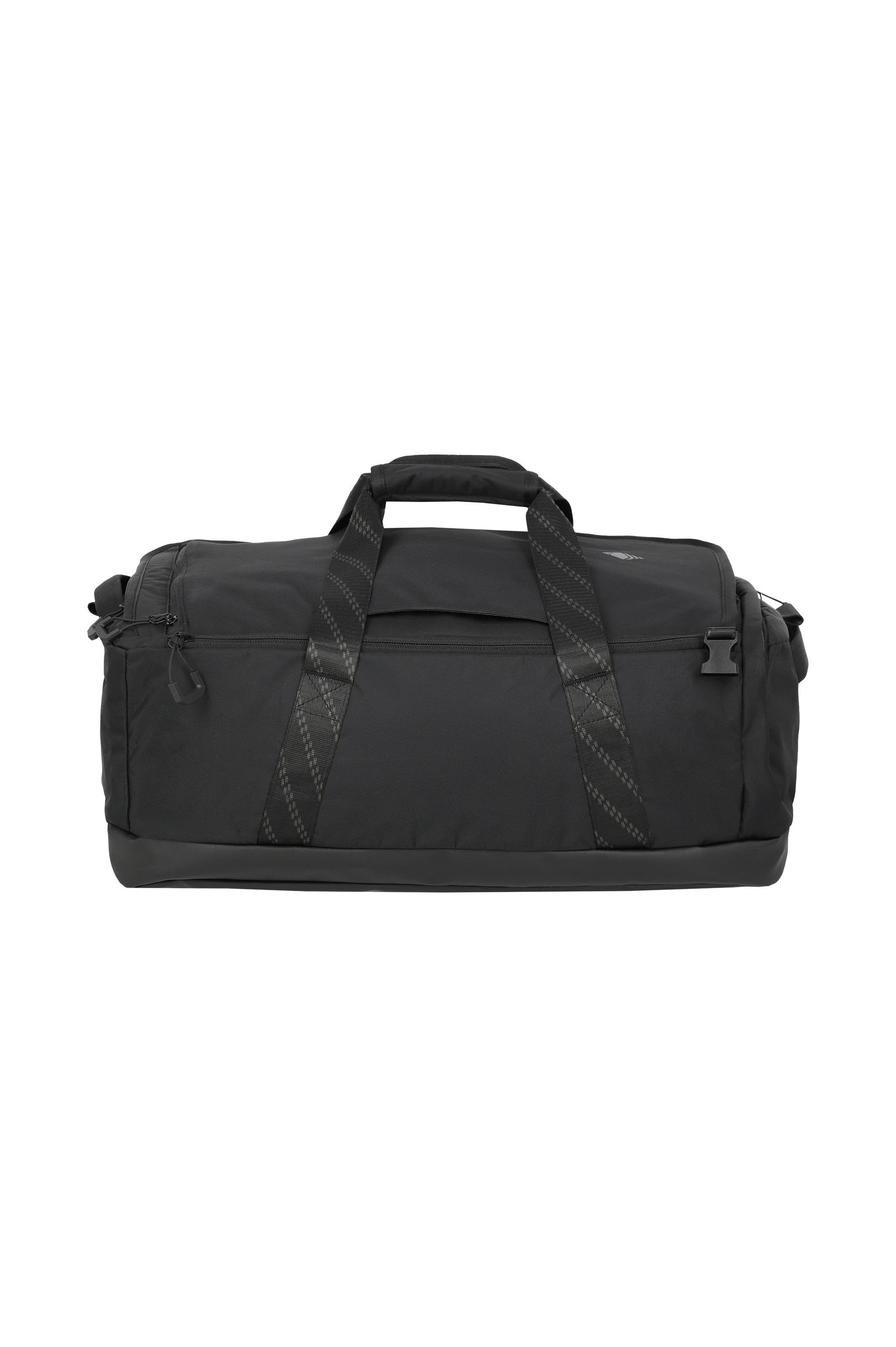 Bolsa de viaje negra sobre fondo negro. Dos asas de transporte con asa de conexión adicional. Pequeño bolsillo con cremallera en la parte delantera. Lazos y hebillas en los laterales.