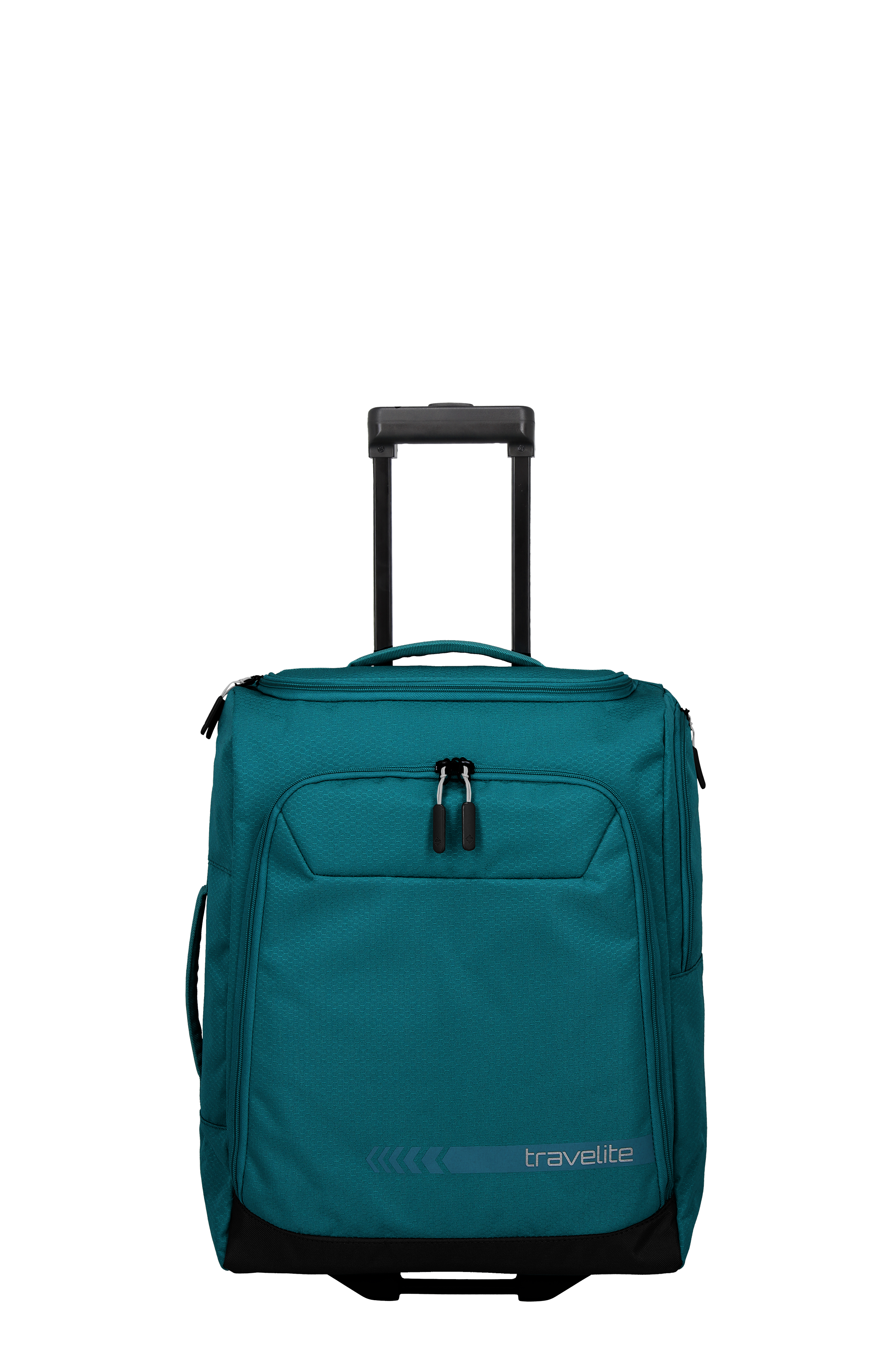 A turquoise-coloured TRAVELITE wheeled travel bag with a black extendable handle stands upright. There is a smaller zip pocket at the front and the brand logo is printed at the bottom left. The lower part of the bag is black.