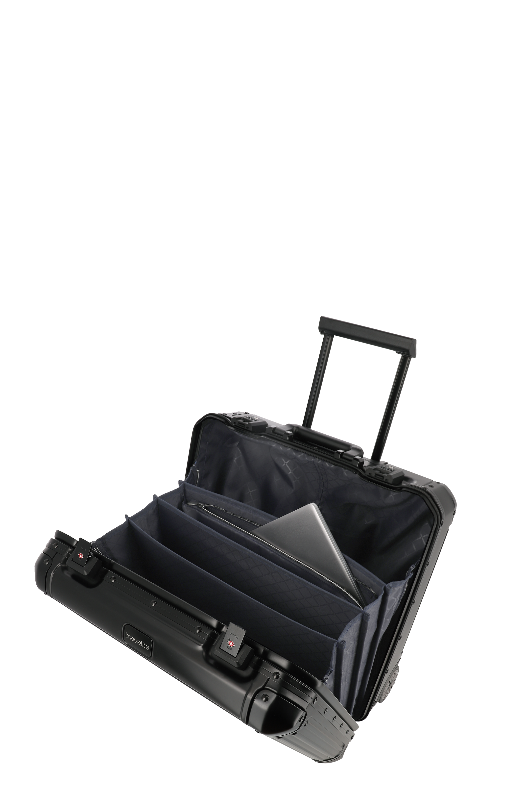 Travelite Business Trolley aus Aluminium mit Fächern für Laptop und Dokumente – hochwertiger Rollkoffer für Geschäftsreisen