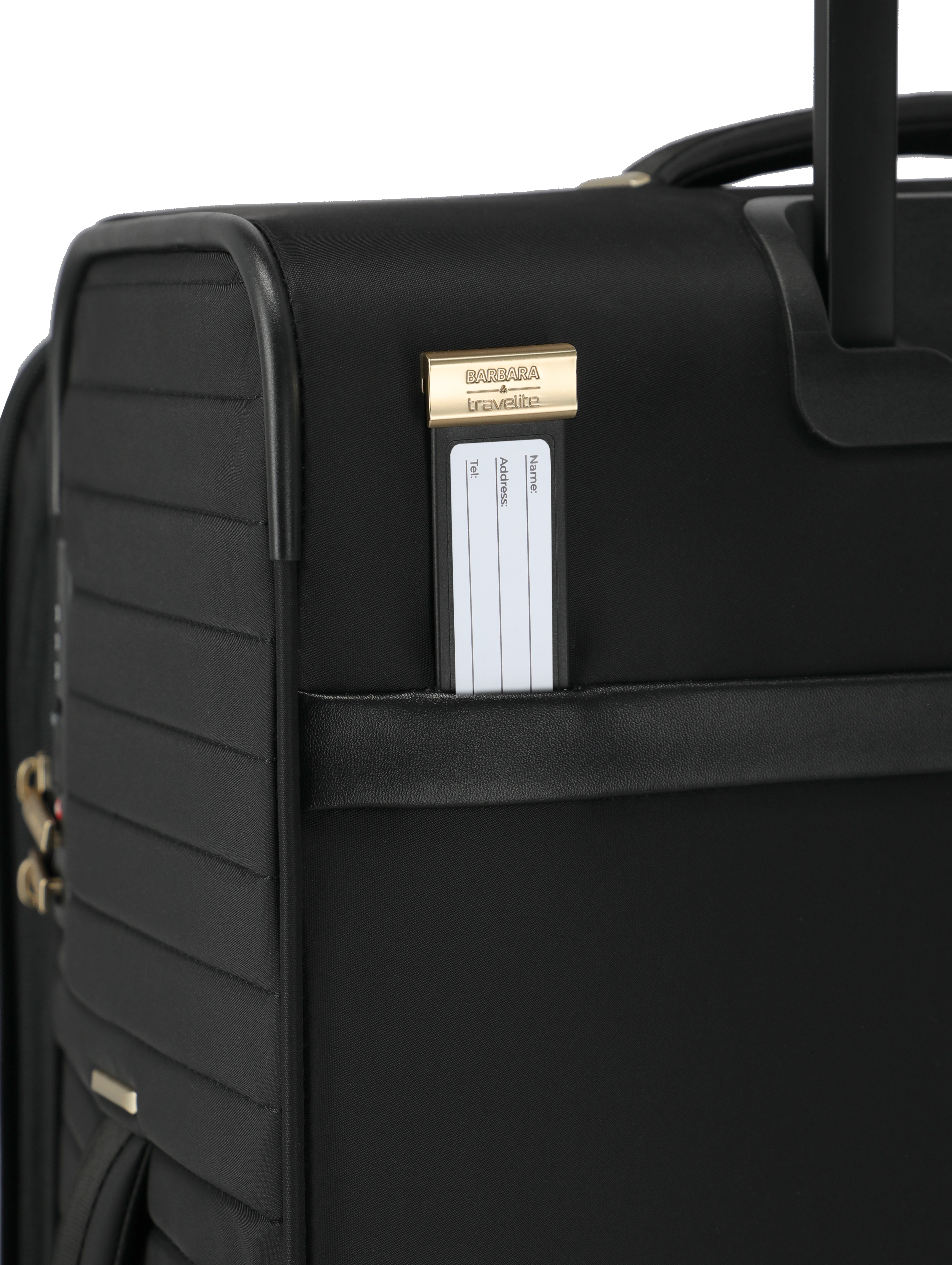 Detailansicht eines schwarzen Koffers mit integriertem Adressschild und Travelite-Branding