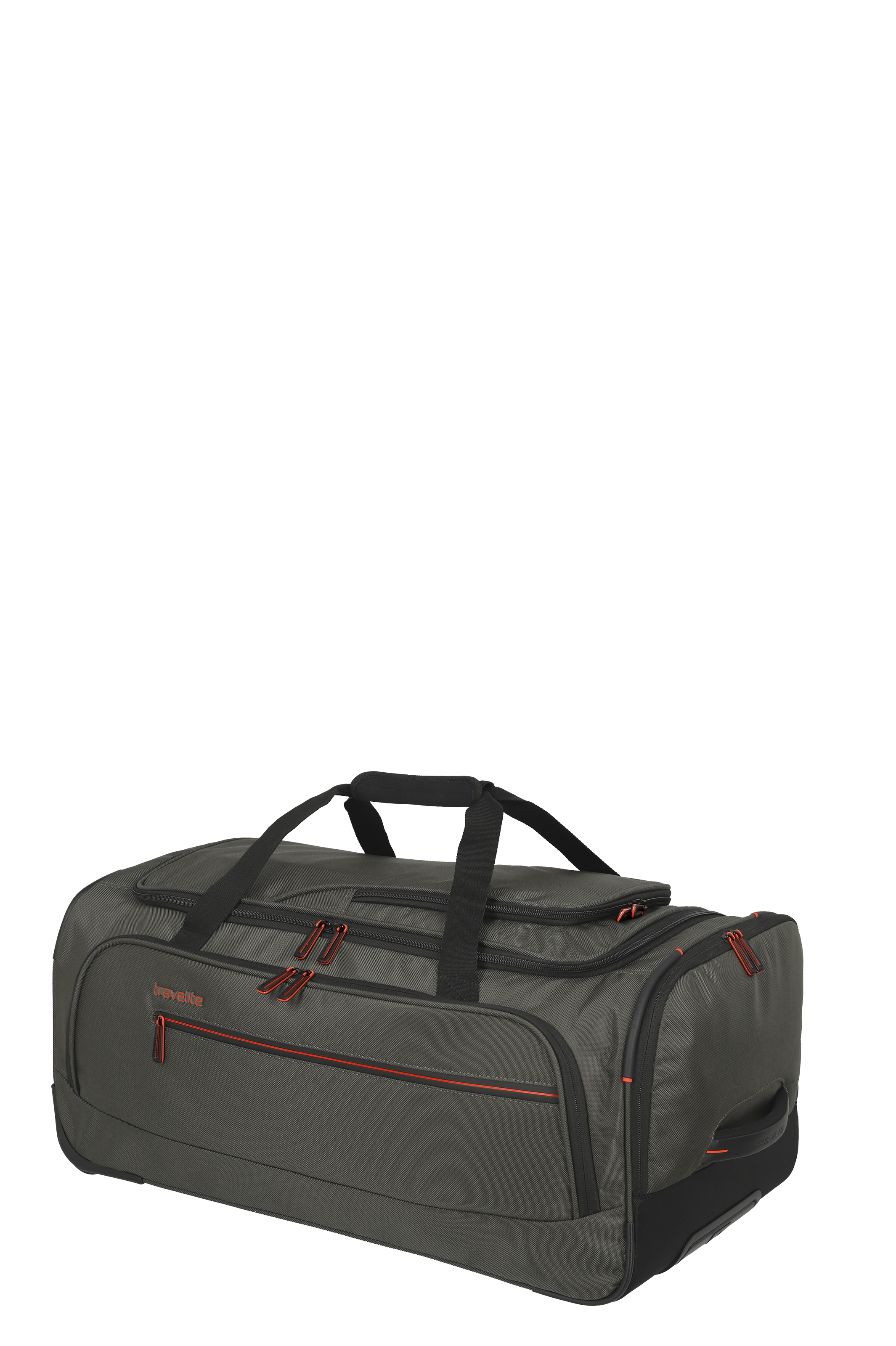 Große Reisetasche in Dunkelgrau mit Rollen und mehreren Fächern, ideal für Urlaub oder Sport