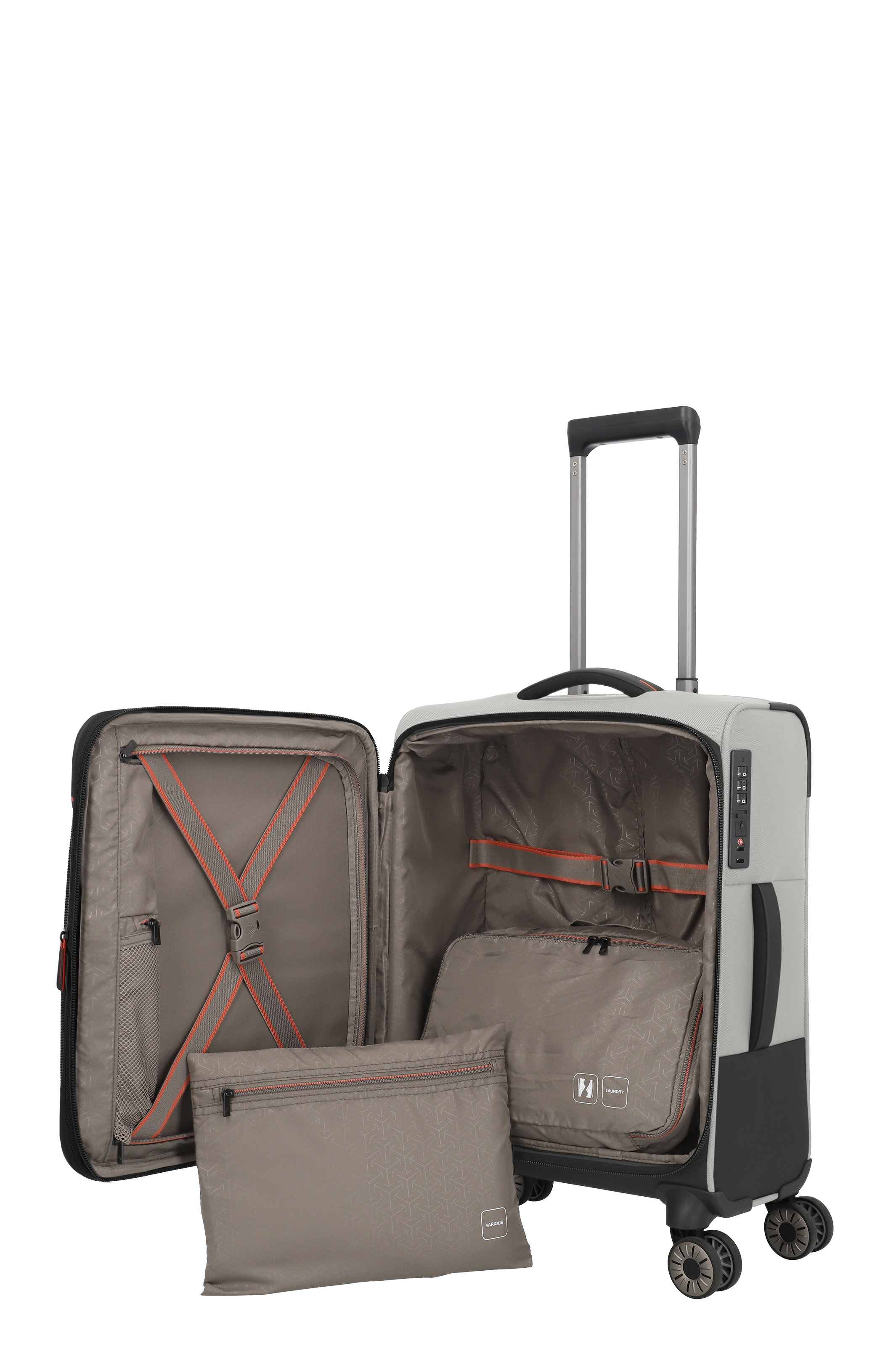Moderner Koffer mit offener Front, Innentaschen und Packriemen – ideal für Reisen