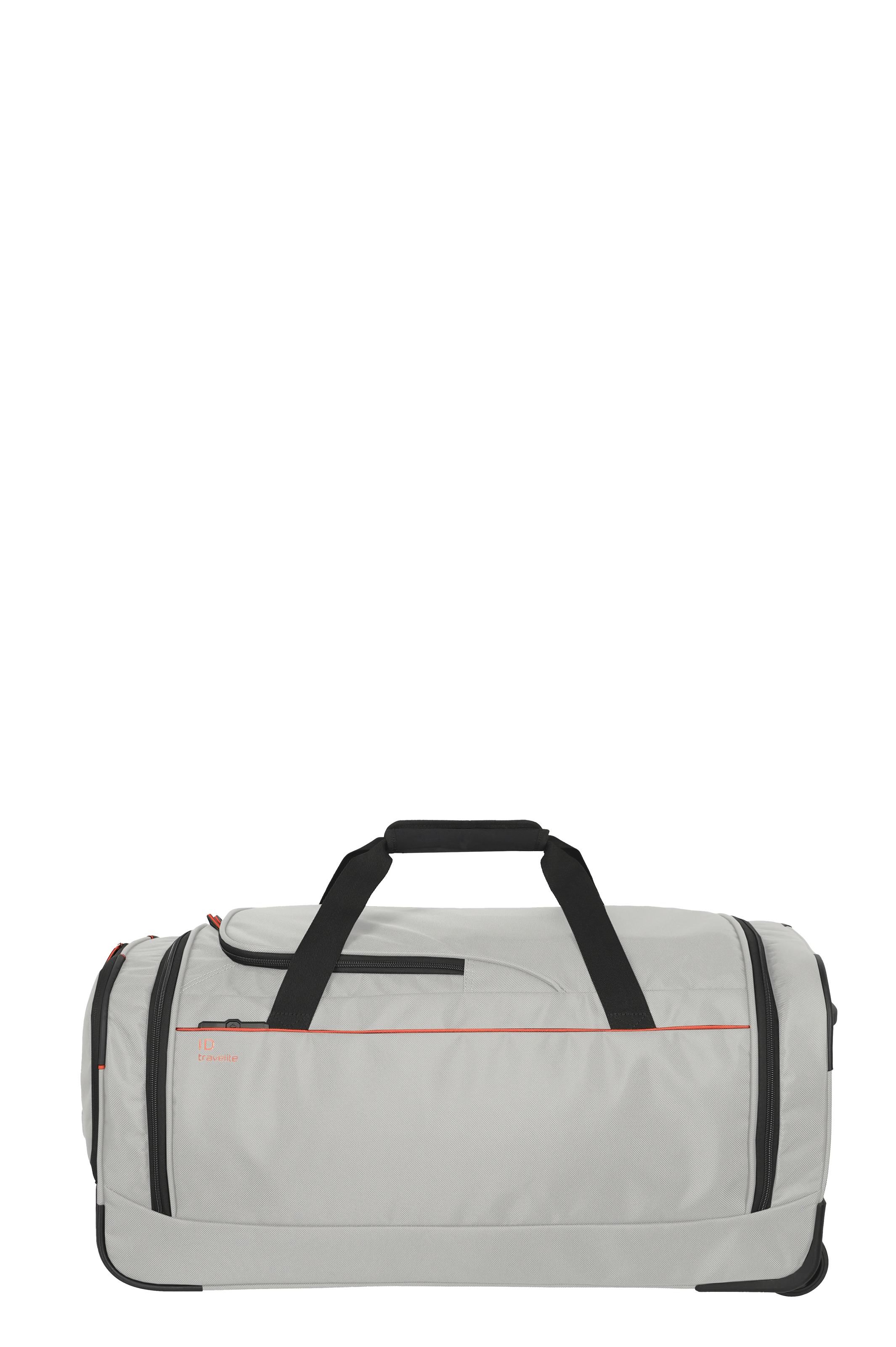 Große weiße Reisetasche mit schwarzen Henkeln und grüner Namensschild-Halterung