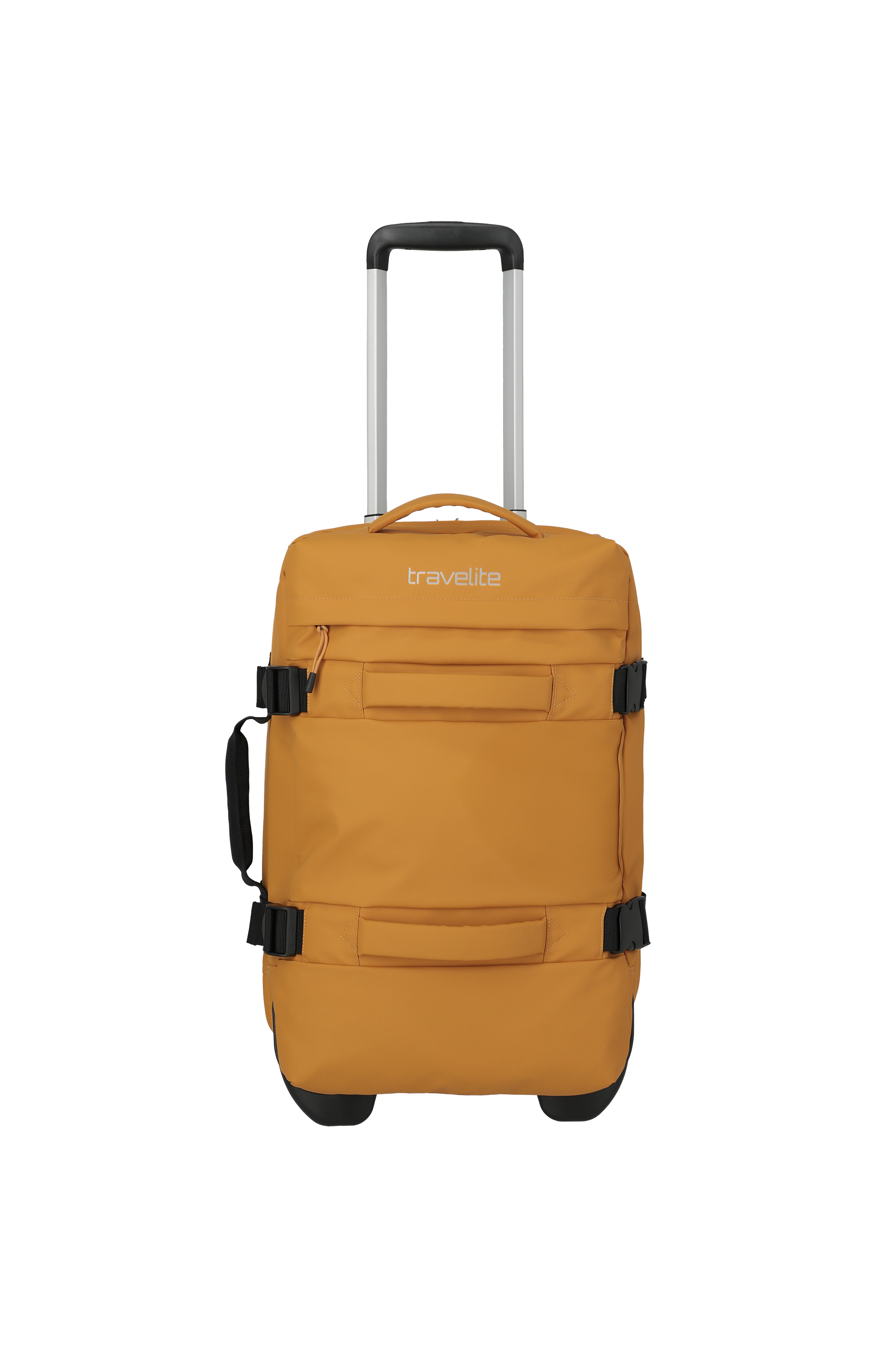 Ein senffarbener Rollkoffer der Marke "travelite" steht auf schwarzem Hintergrund. Er hat einen silbernen, ausziehbaren Griff, schwarze Räder und Tragegurte mit Schnallen auf der Vorderseite. Ein seitlicher Tragegriff ist ebenfalls vorhanden.