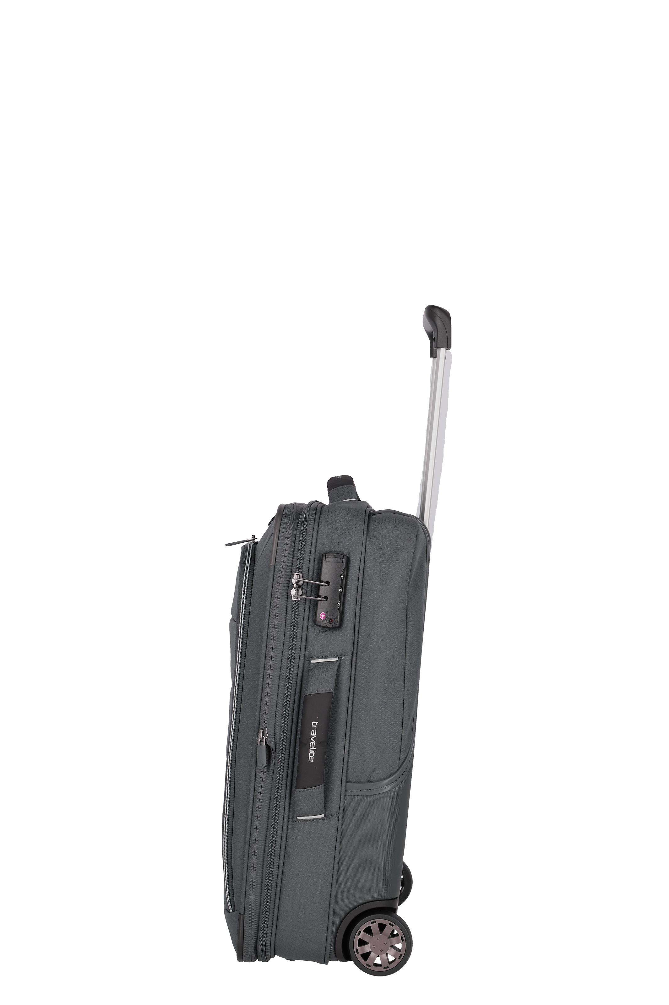 travellite Trolley Reisekoffer in Schwarz mit Teleskopgriff und zwei Rollen – Seitenansicht