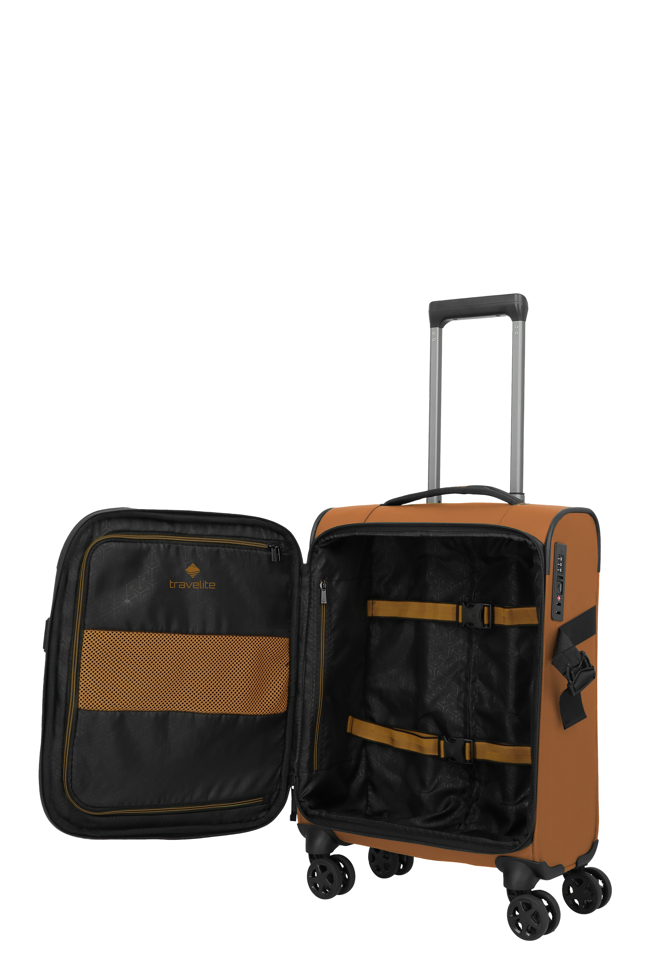 Travelite Handgepäck Trolley in Braun, Kabinentrolley mit Zahlenschloss und 4 Rollen, geöffnet