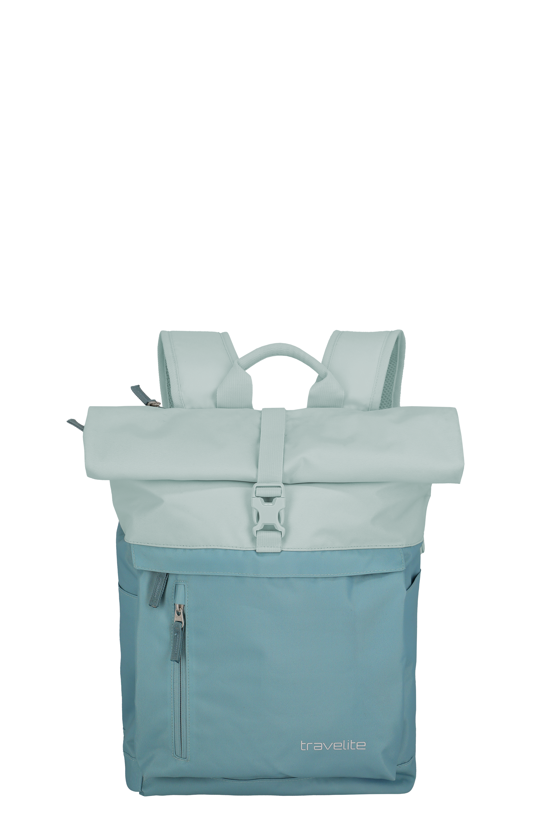 A light blue Travelite backpack stands upright against a black background. The upper section is folded over and secured with a white clip fastener. The shoulder straps are attached at the top. There is a zip compartment on the lower half.