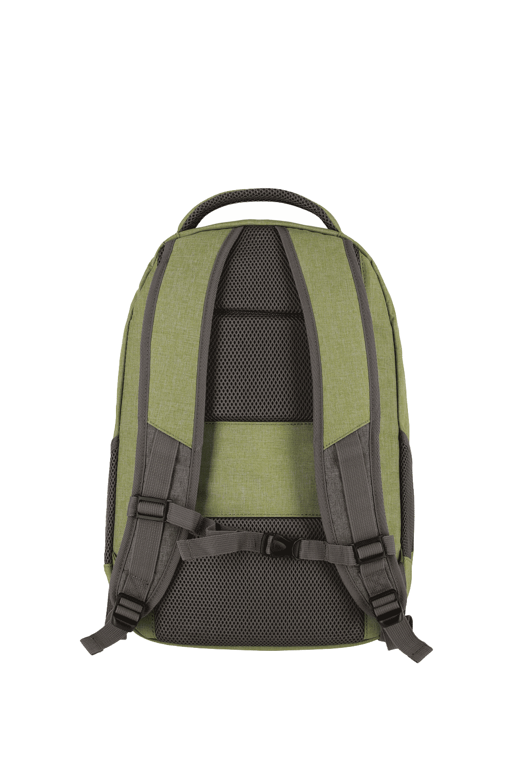 Rückansicht eines grünen Rucksacks mit gepolsterten Trägern