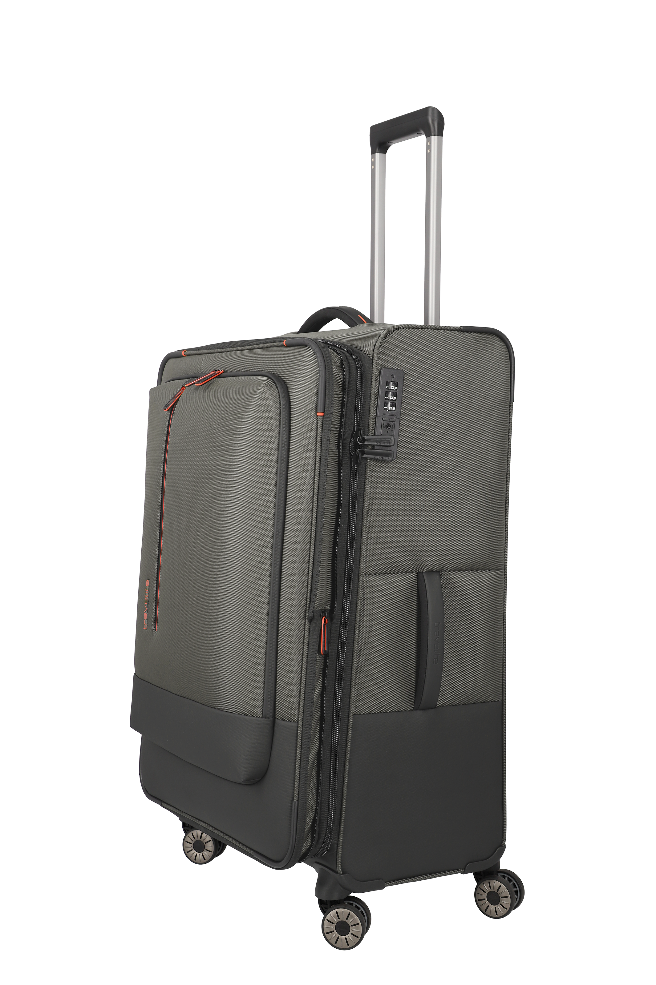Großer grauer Softshell-Trolley mit vier Rollen und Zahlenschloss für Reisen