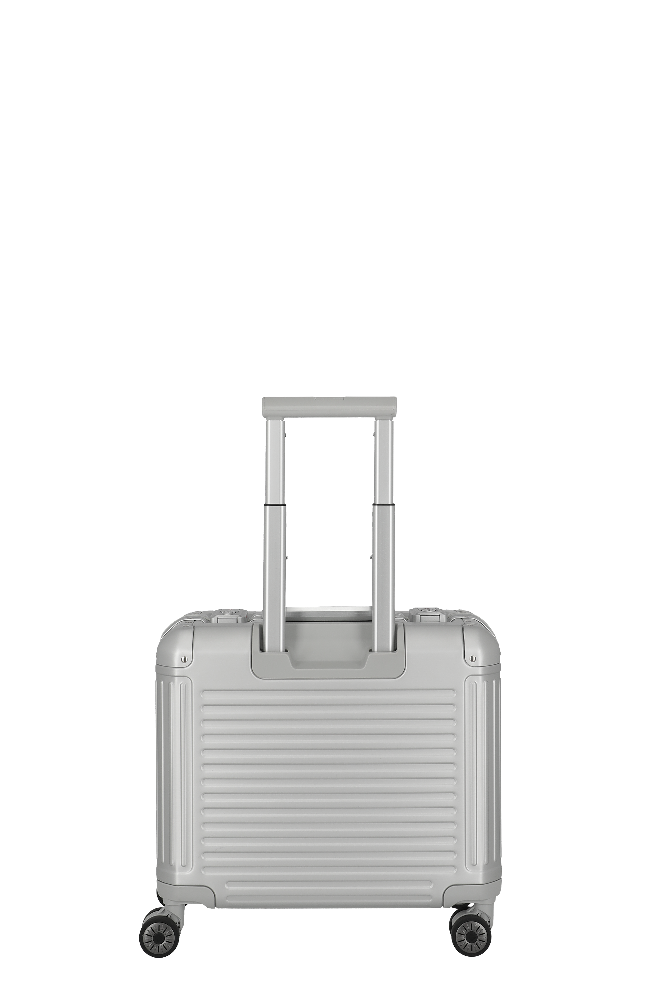 Hochwertiger silberner Hartschalen-Trolley mit Teleskopgriff und vier Rollen, ideal als Handgepäck