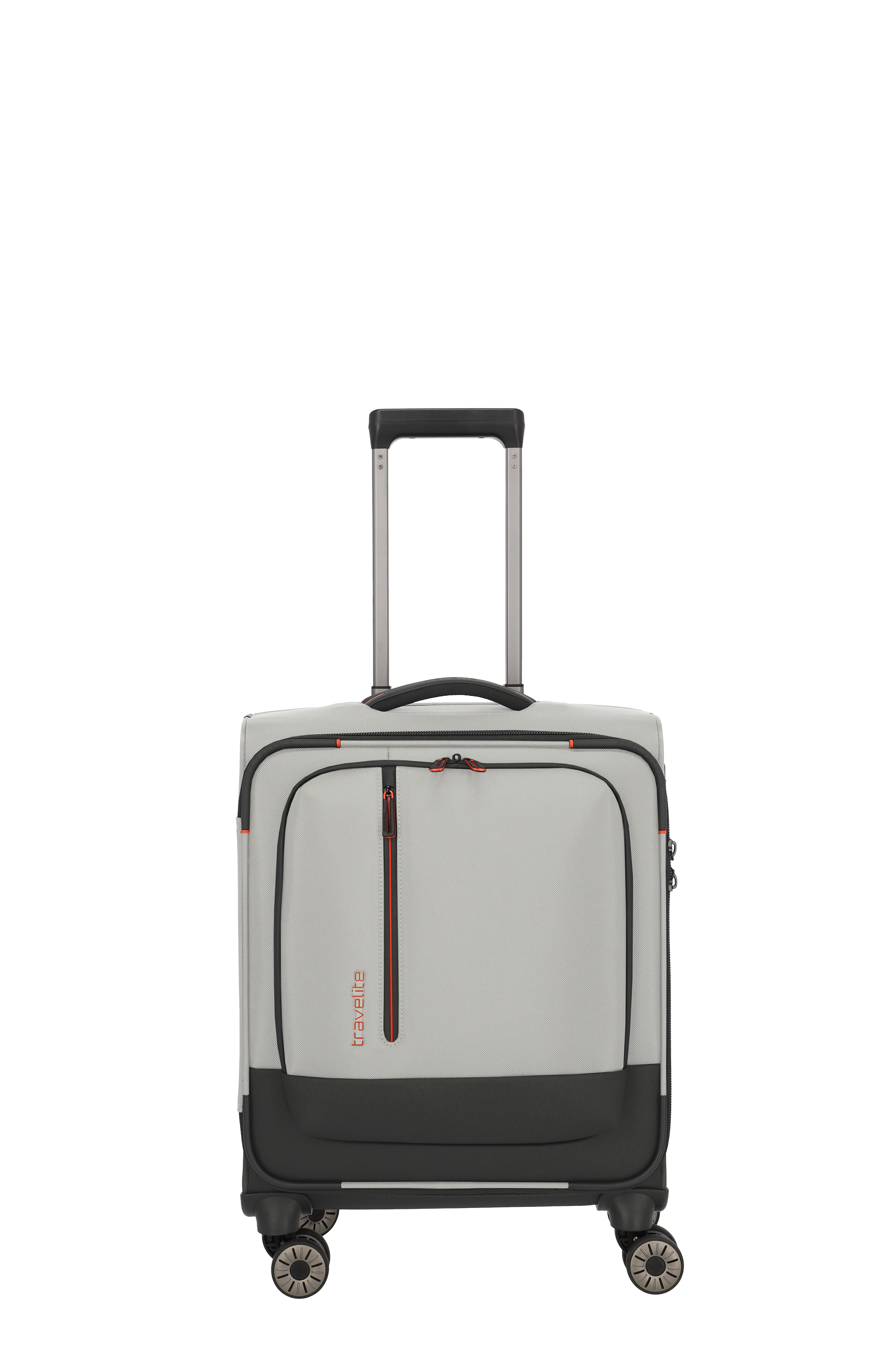 Grauer Kabinen-Trolley von travelite mit vier Rollen, ausziehbarem Teleskopgriff und praktischer Fronttasche